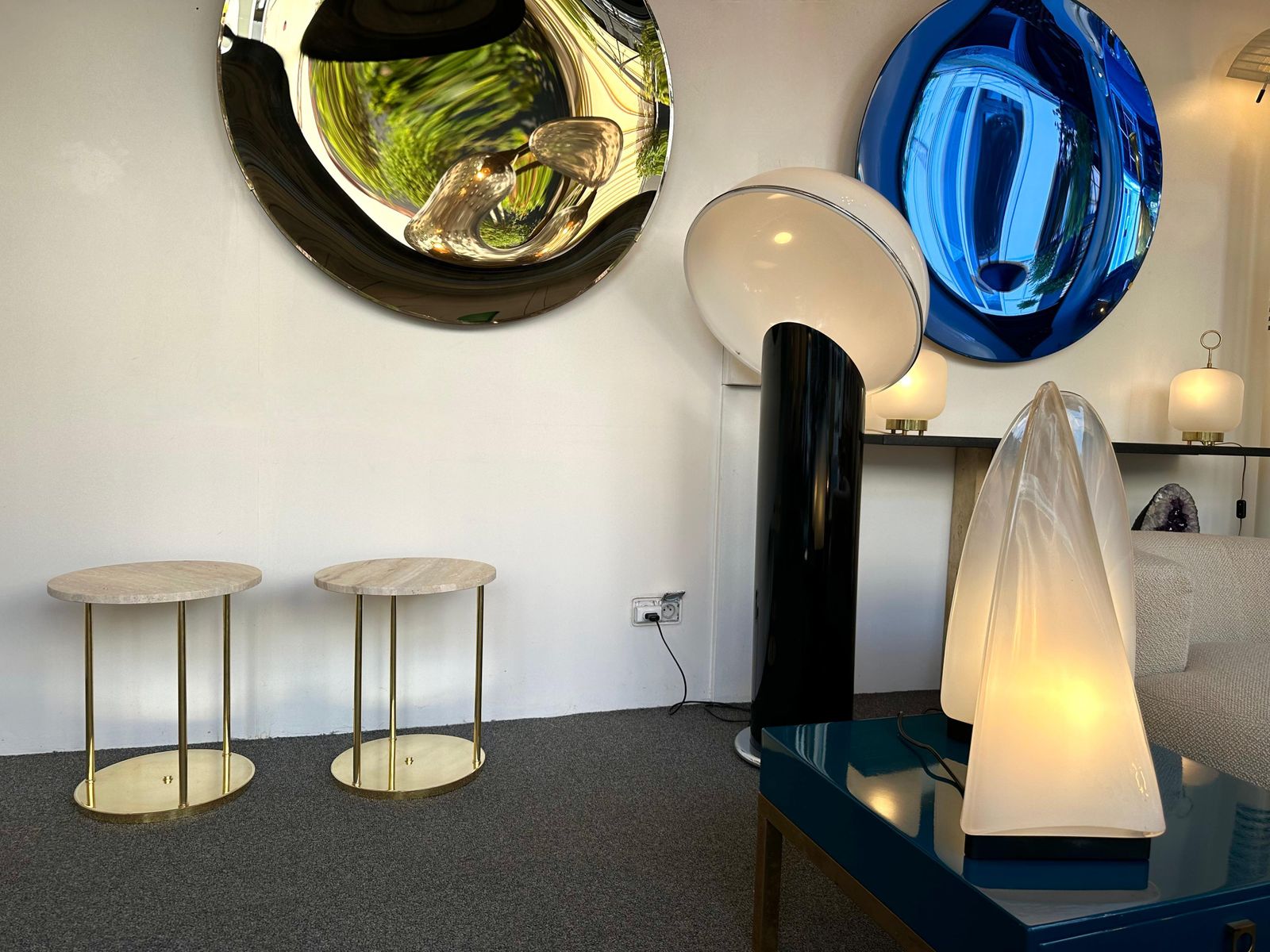 Contemporary Pair Of Brass And Travertine Side Tables, Italy photo for sale