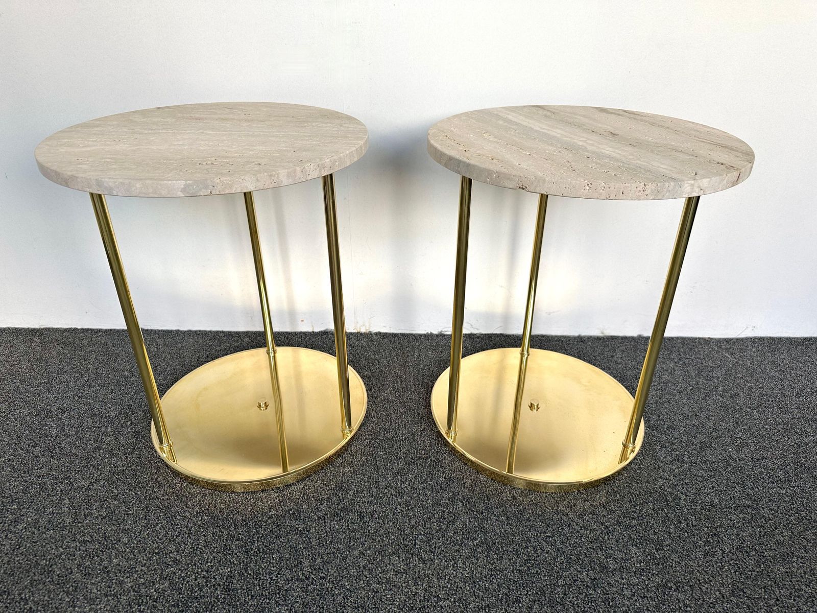 photo for sale Contemporary Pair Of Brass And Travertine Side Tables, Italy