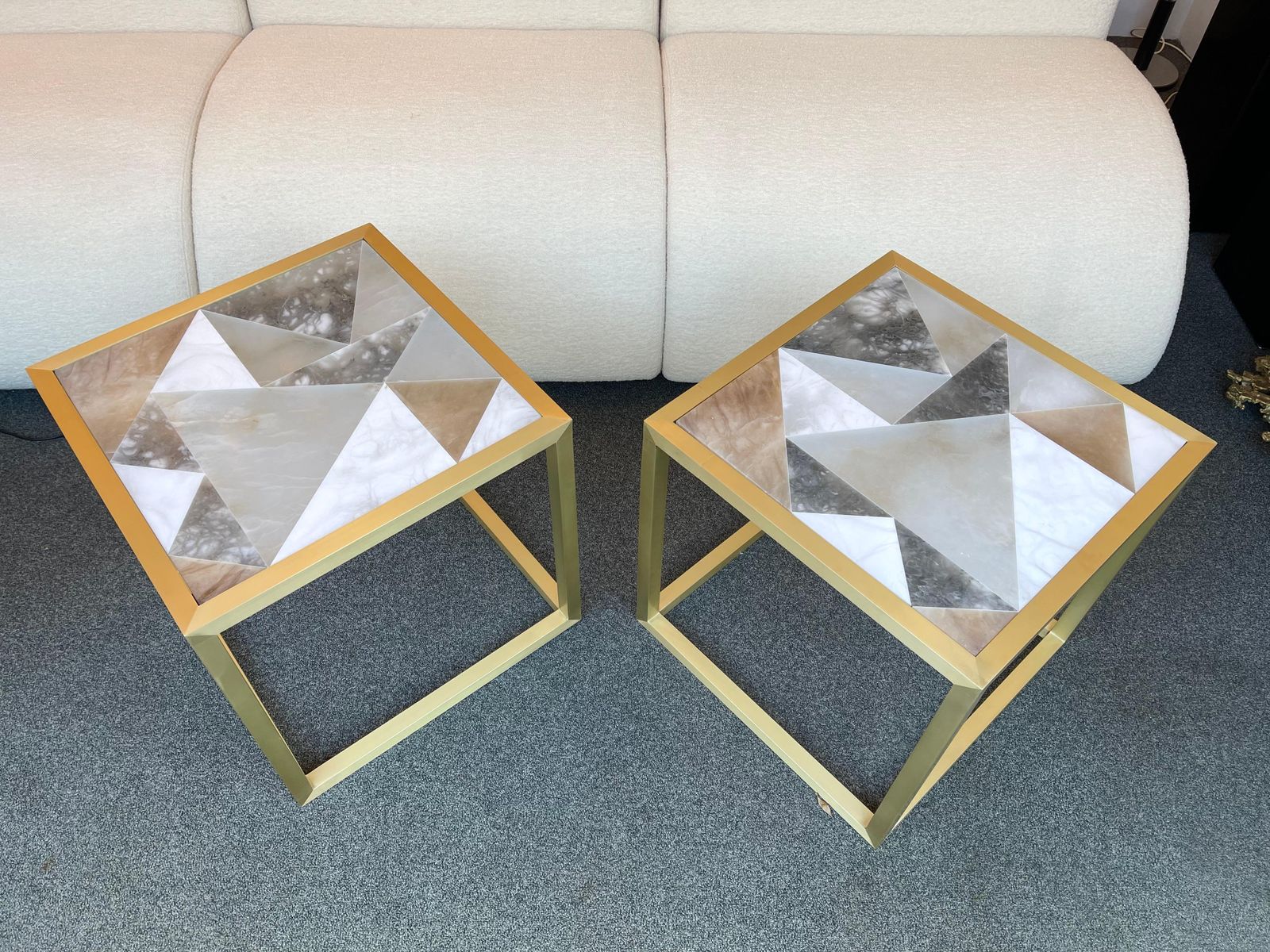 Contemporary Pair Of Brass Cube Tables Alabaster By Antonio Cagianelli, Italy photo furniture