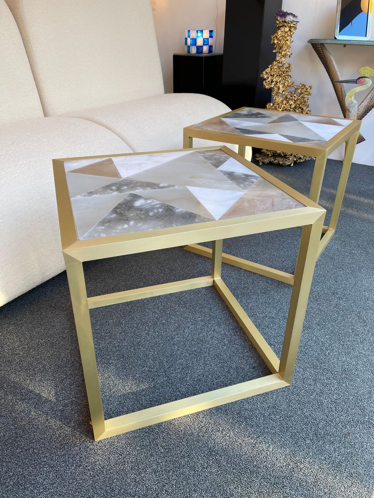 Contemporary Pair Of Brass Cube Tables Alabaster By Antonio Cagianelli, Italy photo vintage