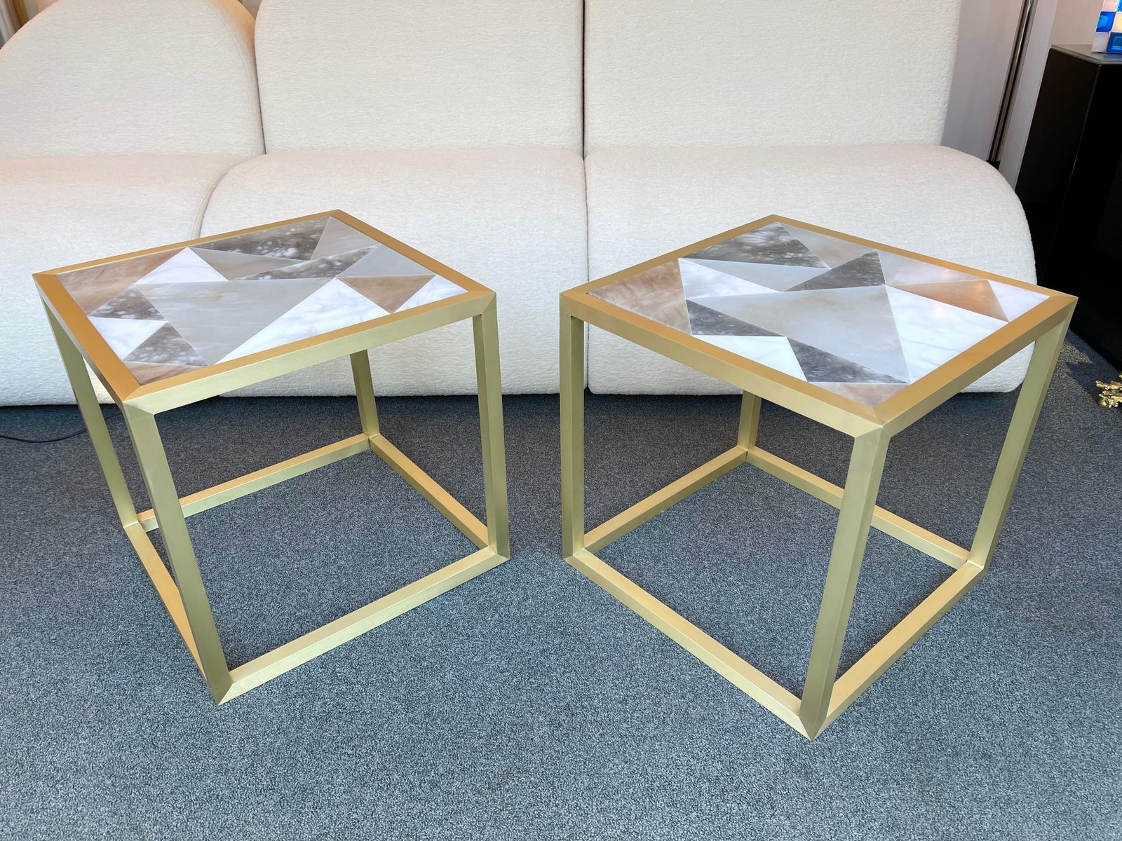 photo for sale Contemporary Pair Of Brass Cube Tables Alabaster By Antonio Cagianelli, Italy