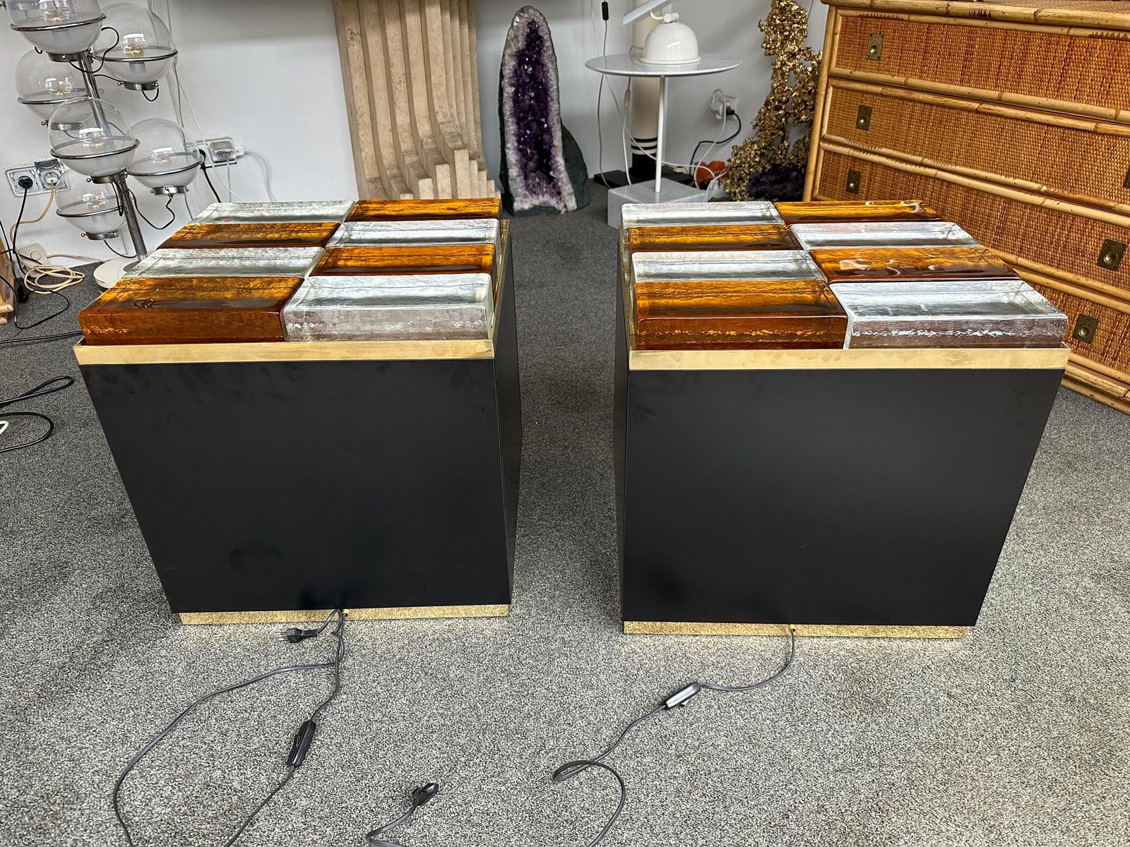 Contemporary Pair Of Lighting Murano Glass Brass Side Tables, Italy photo vintage