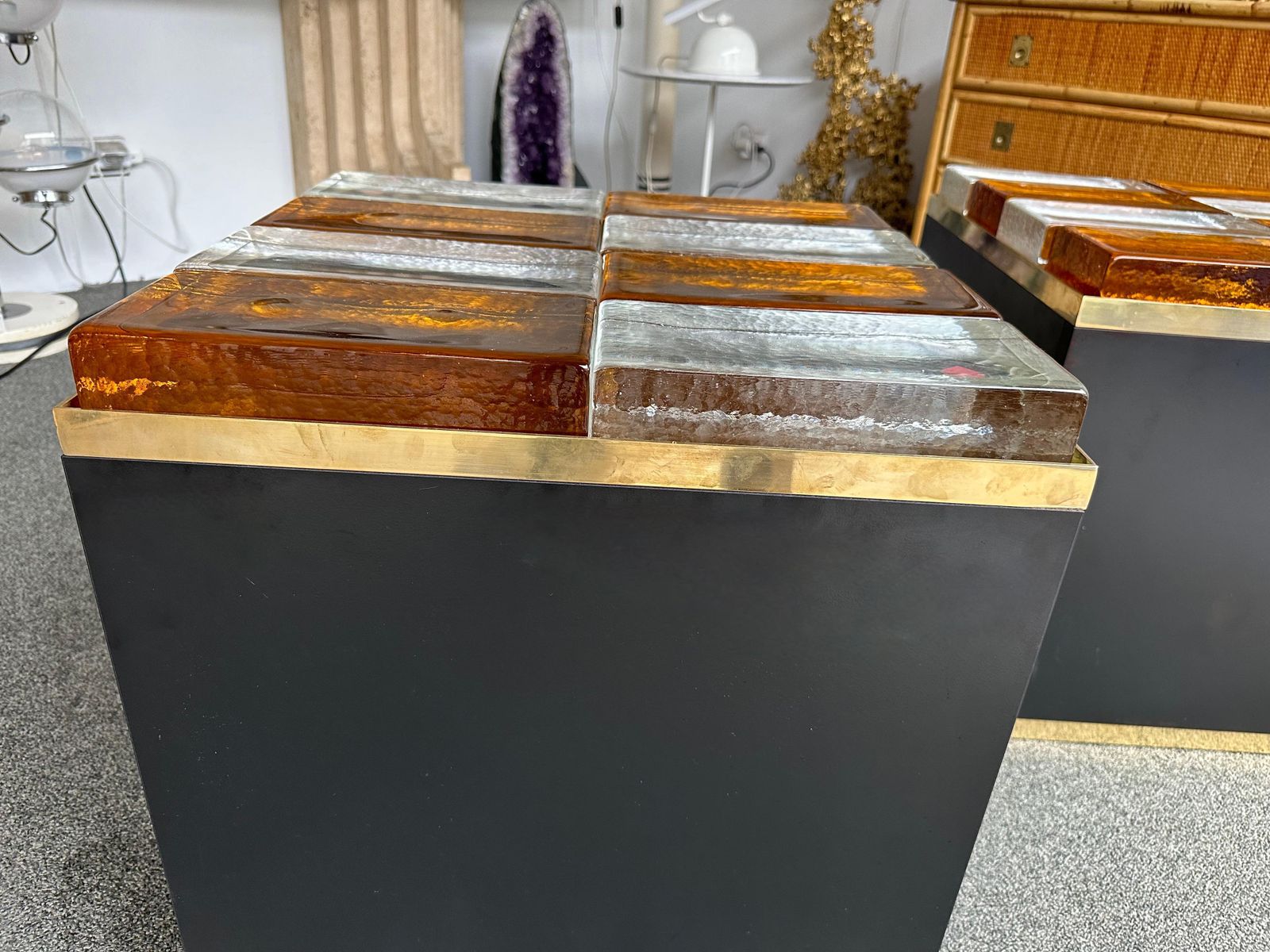 7697.0 Contemporary Pair Of Lighting Murano Glass Brass Side Tables, Italy photo