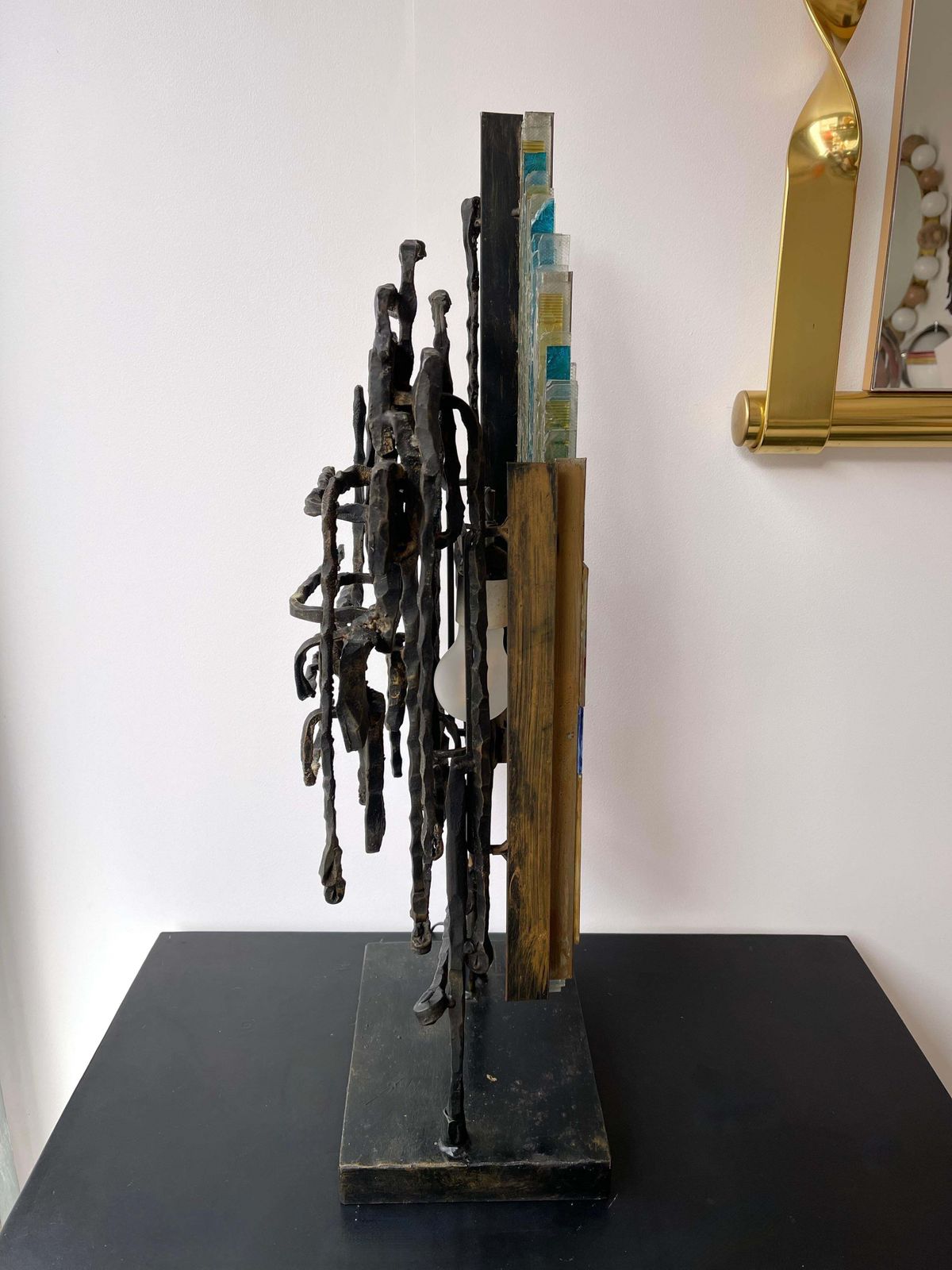 photo vinterior Hammered Glass Wrought Iron Sculpture Lamp By Biancardi & Jordan, Italy, 1970s