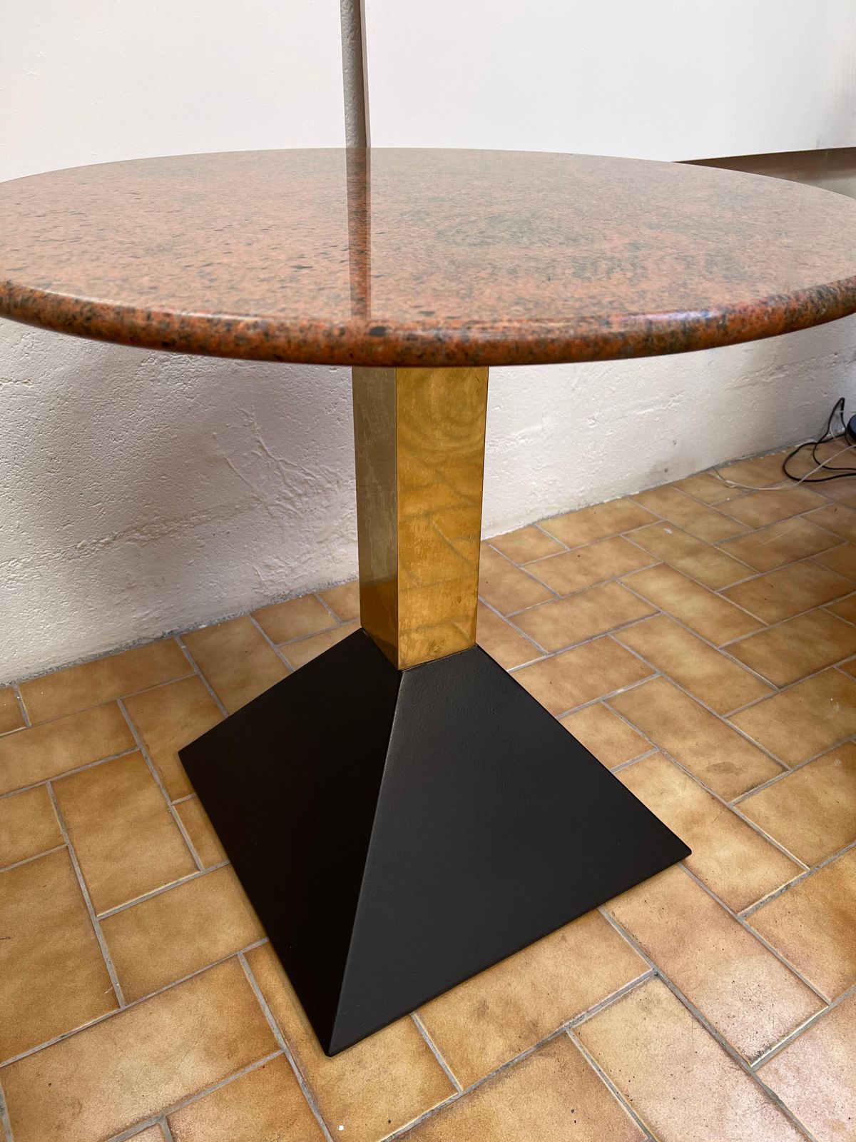 Pair Of Red Granite And Brass Side Tables, Italy, 1980s photo for sale