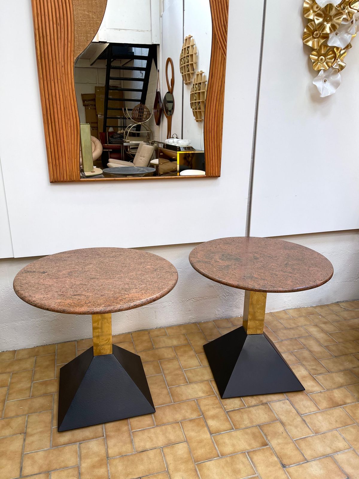 Pair Of Red Granite And Brass Side Tables, Italy, 1980s photo 3164.0