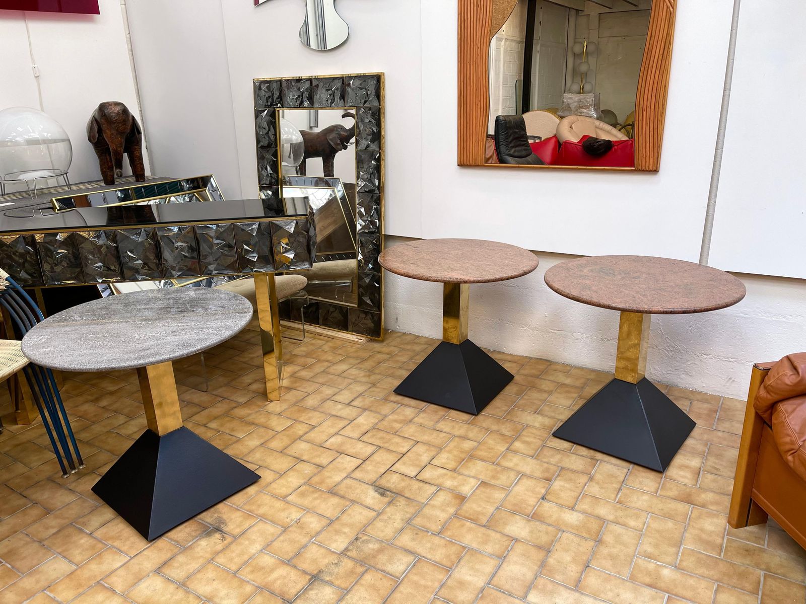 photo furniture Pair Of Red Granite And Brass Side Tables, Italy, 1980s