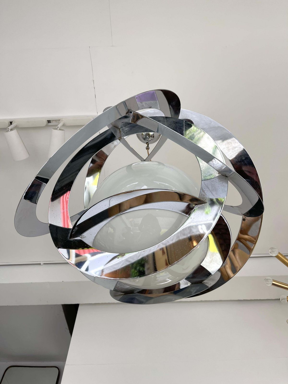 Space Age Metal Opaline Glass Saturn Pendant Lightning, Italy, 1970s photo furniture