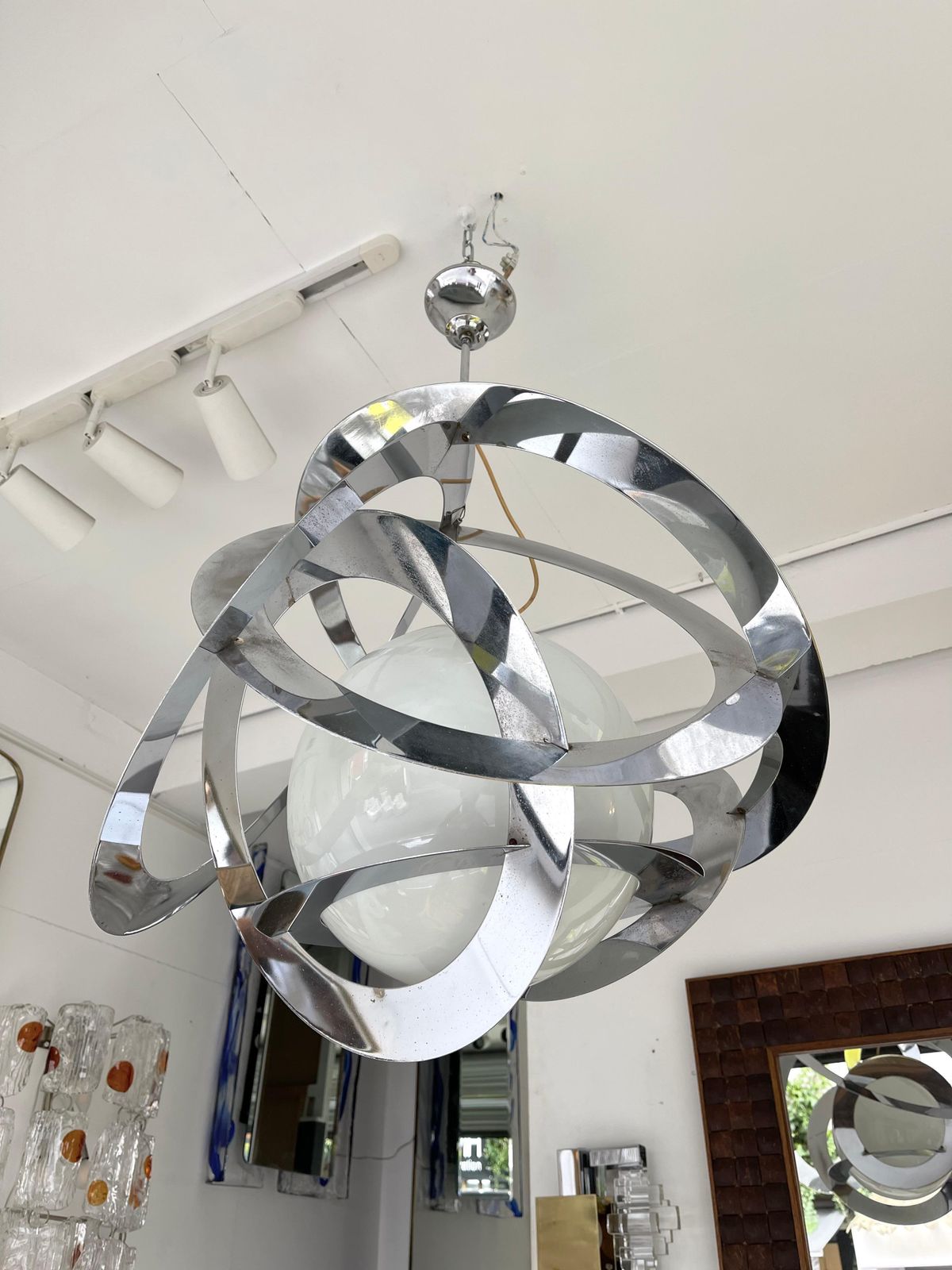 Space Age Metal Opaline Glass Saturn Pendant Lightning, Italy, 1970s photo vinterior