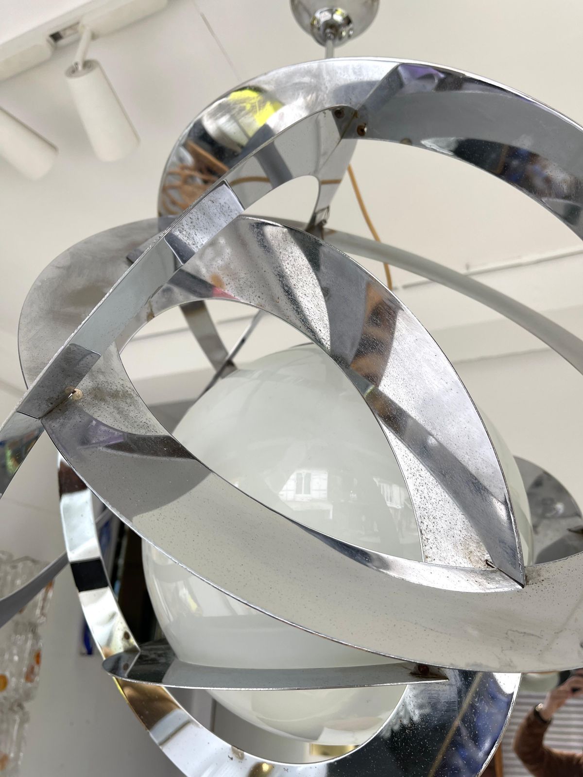 photo furniture Space Age Metal Opaline Glass Saturn Pendant Lightning, Italy, 1970s