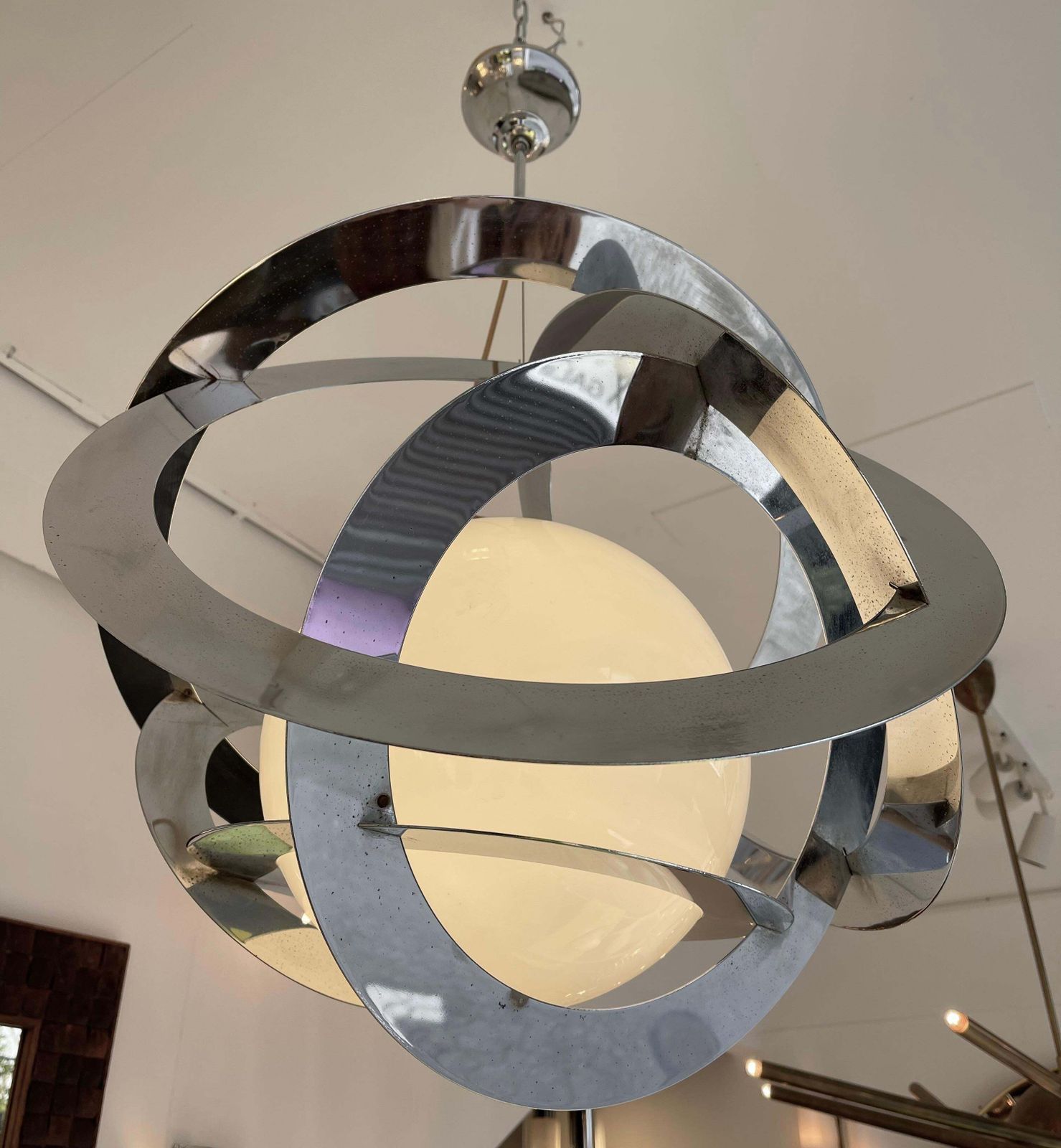 photo for sale Space Age Metal Opaline Glass Saturn Pendant Lightning, Italy, 1970s