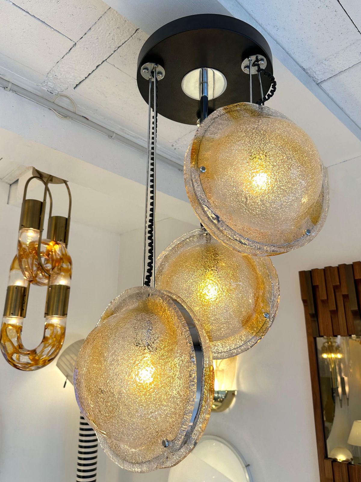 Planetarium Chandelier Amber Murano Glass And Metal By Veart, Italy, 1970s photo for sale