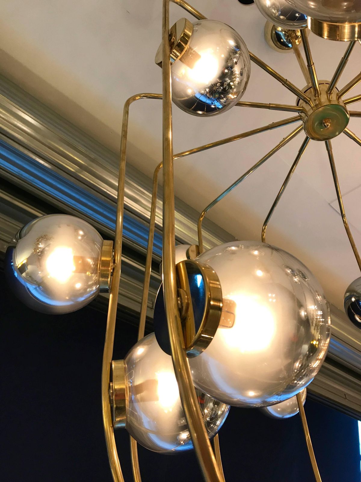 Large Contemporary Brass Cage Chandelier Murano Opaline Glass Ball, Italy photo 7527.0