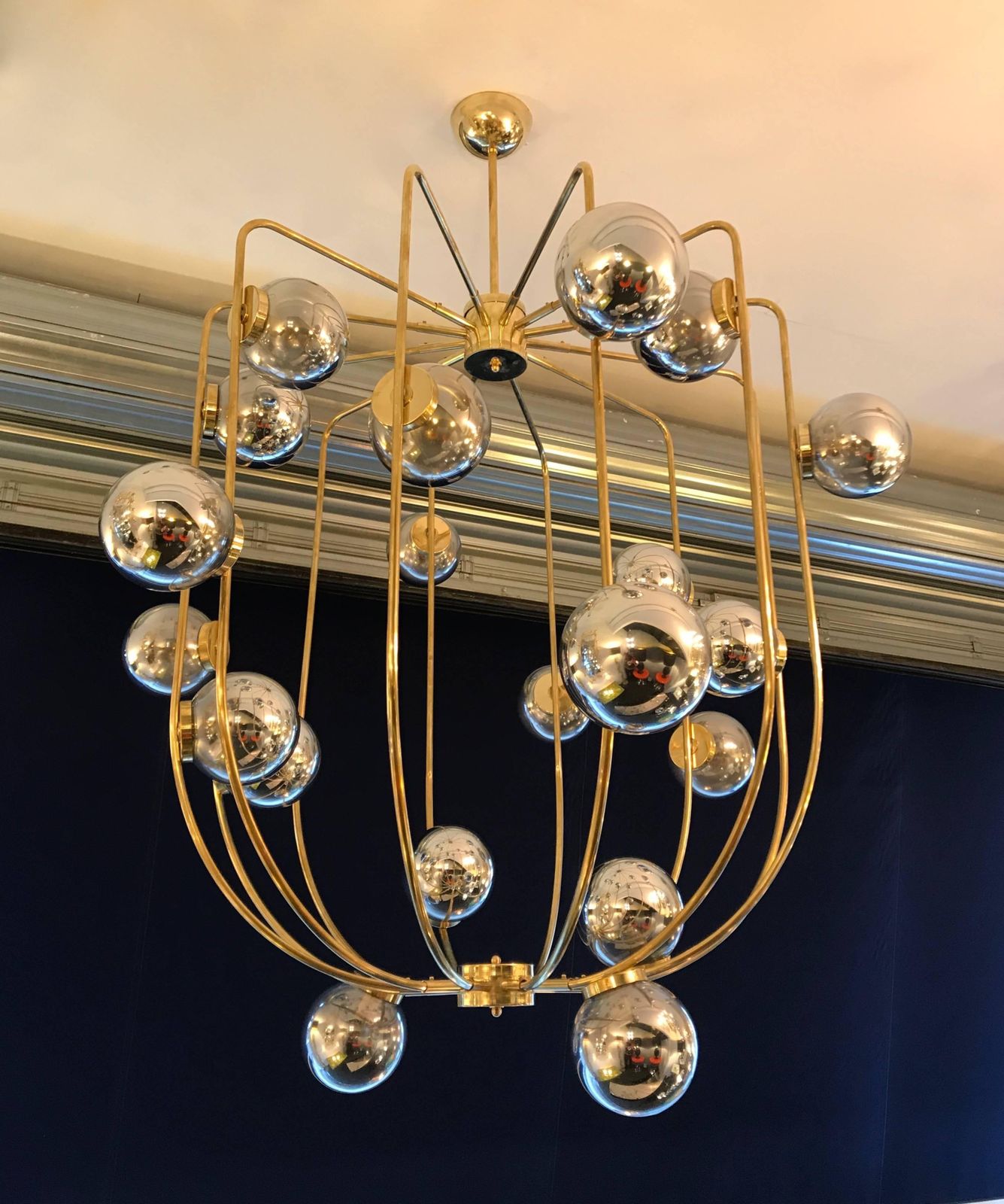 Large Contemporary Brass Cage Chandelier Murano Opaline Glass Ball, Italy photo buy