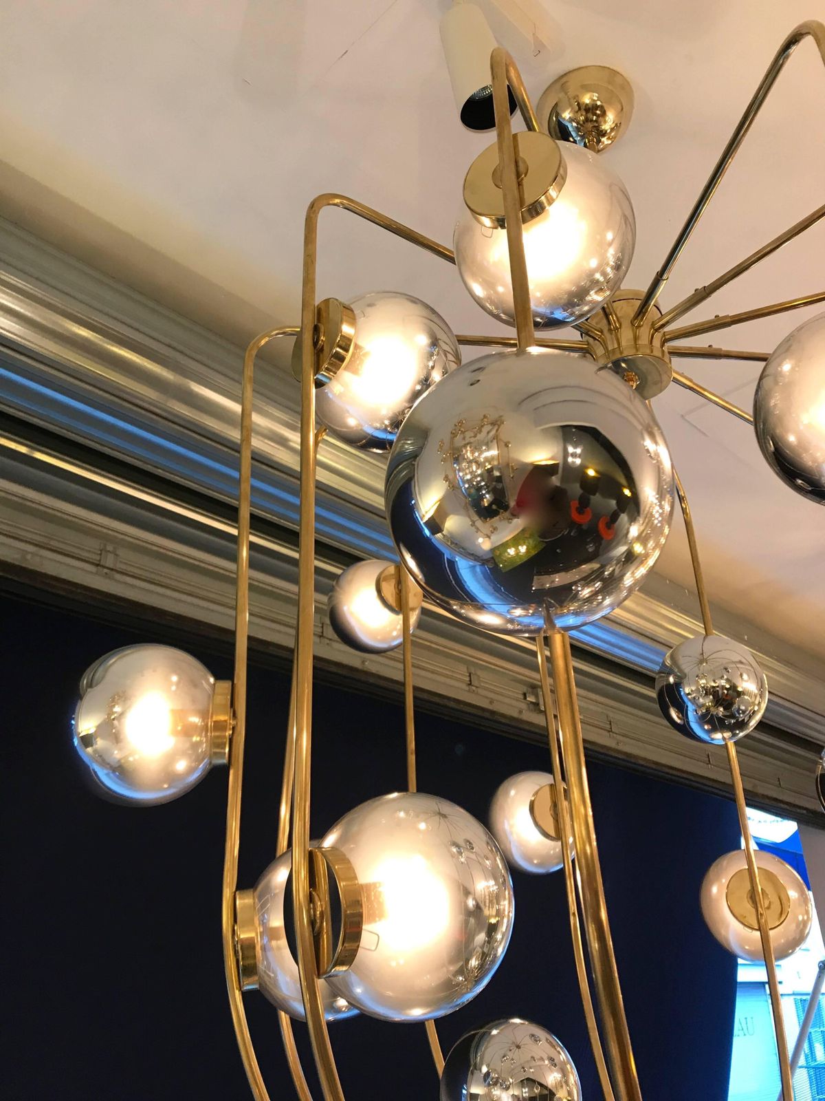 Large Contemporary Brass Cage Chandelier Murano Opaline Glass Ball, Italy photo vintage