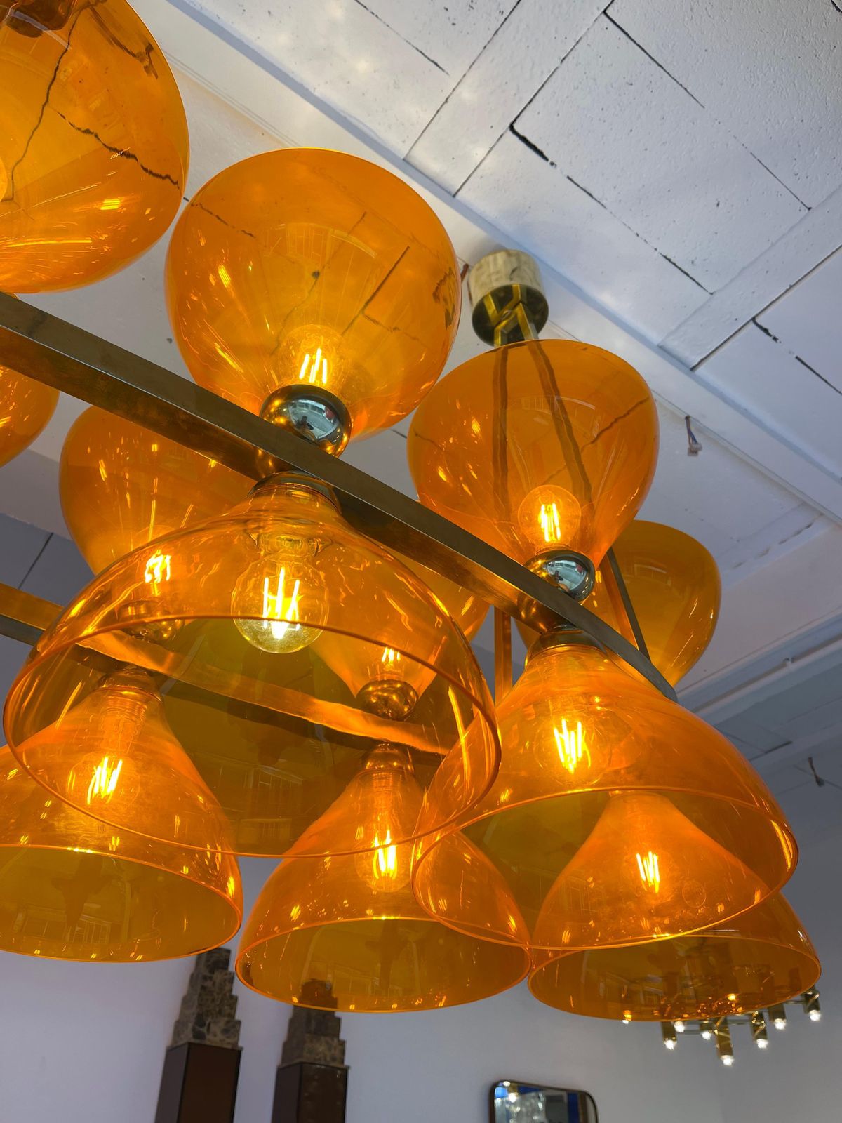 Large Contemporary Brass Chandelier Orange Murano Glass Cup, Italy photo for sale