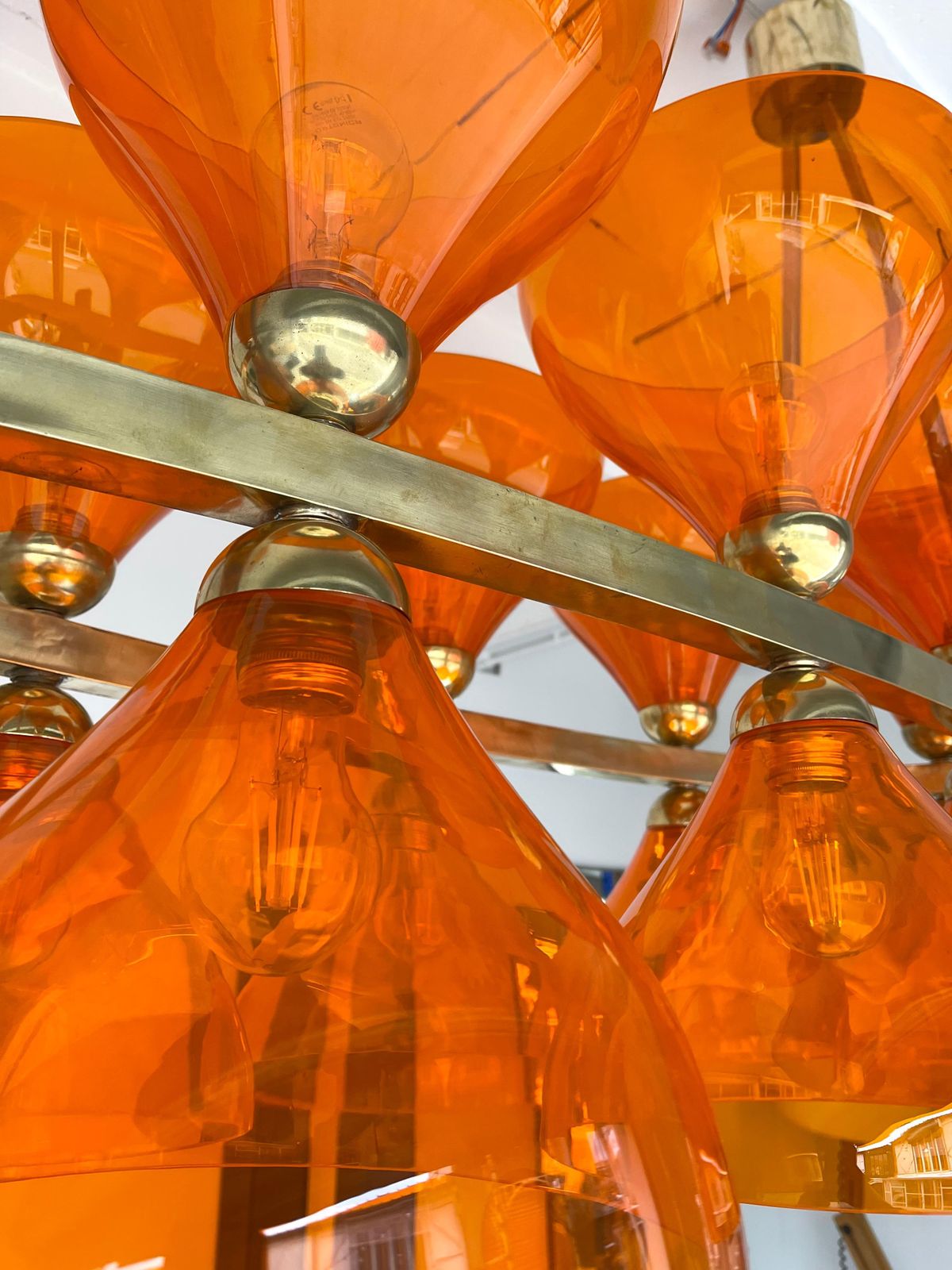 Large Contemporary Brass Chandelier Orange Murano Glass Cup, Italy photo vintage