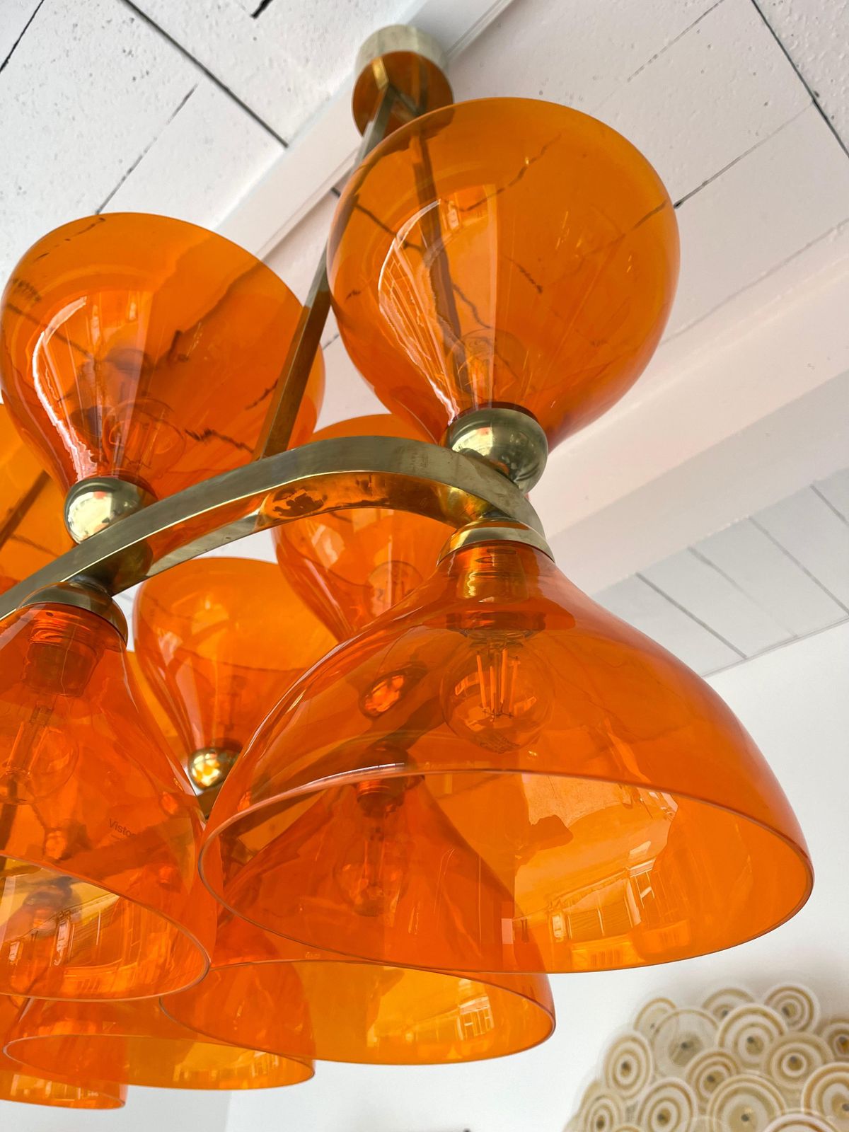 photo furniture Large Contemporary Brass Chandelier Orange Murano Glass Cup, Italy
