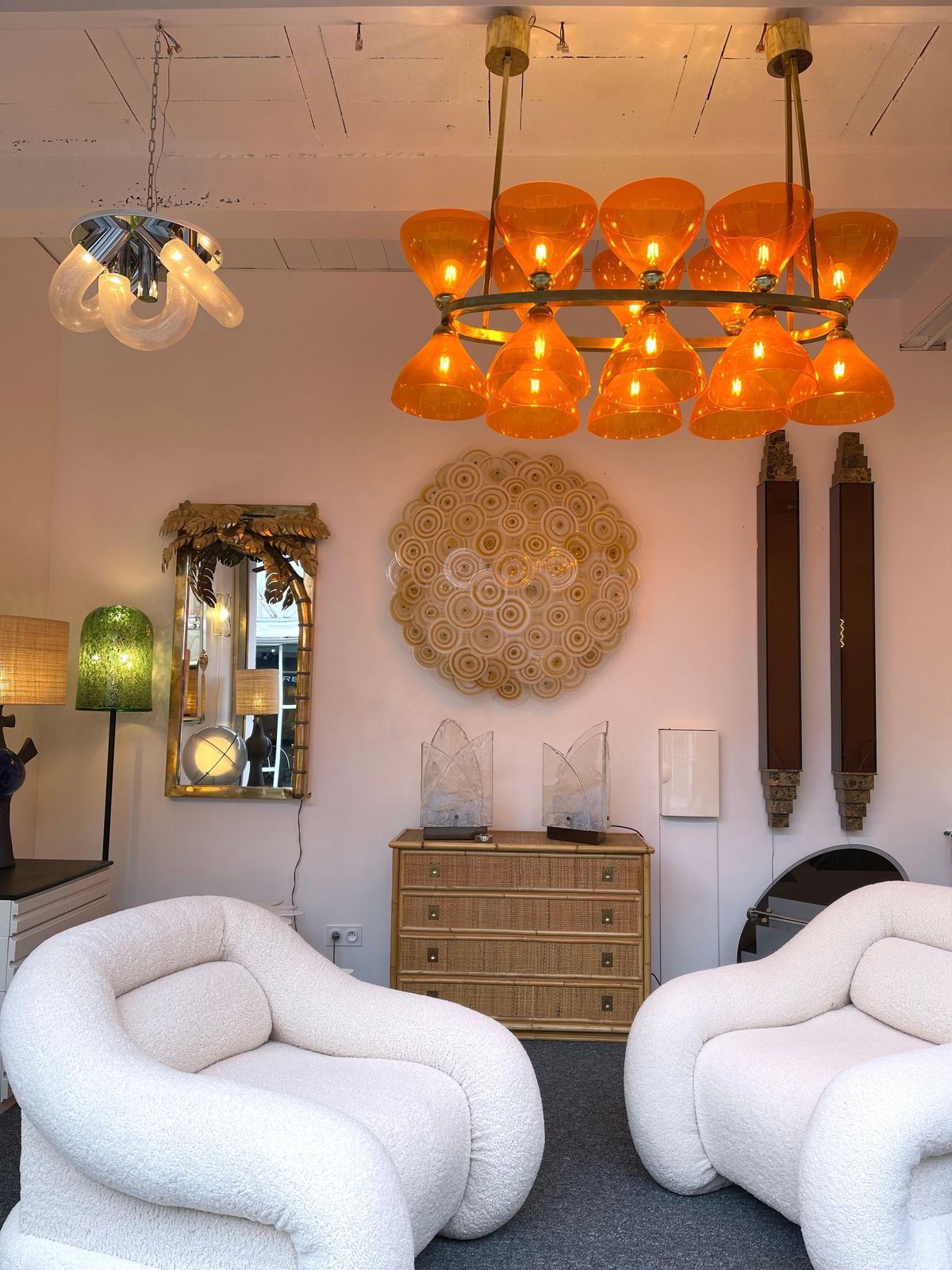 Lighting Large Contemporary Brass Chandelier Orange Murano Glass Cup, Italy photo