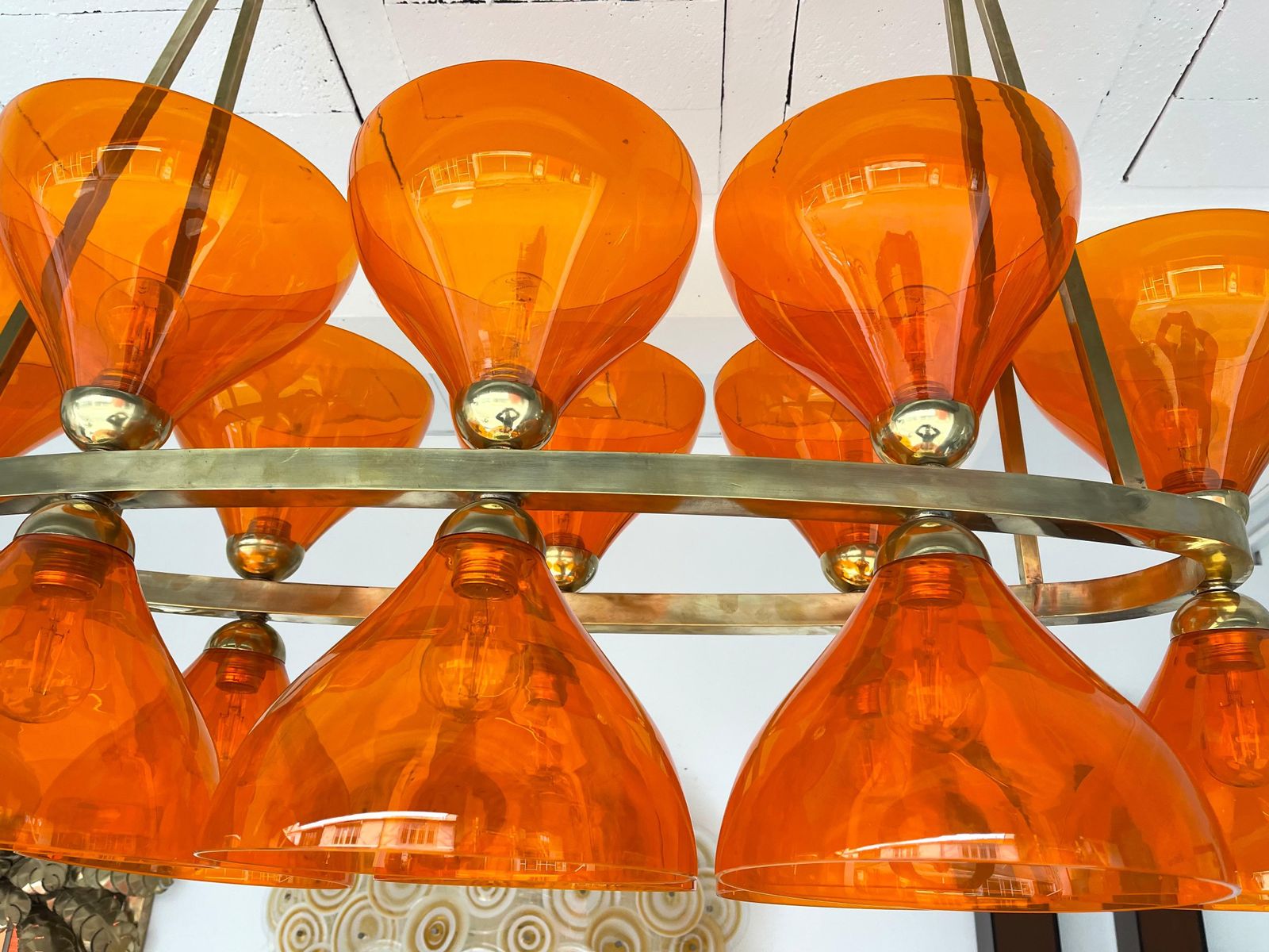 photo vinterior Large Contemporary Brass Chandelier Orange Murano Glass Cup, Italy