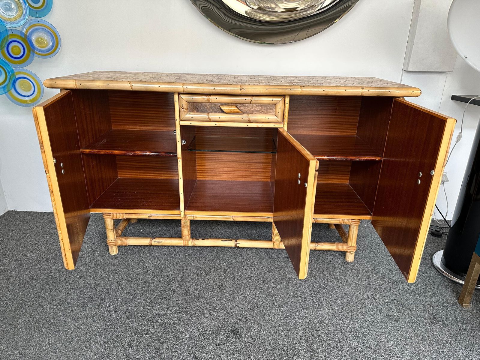 Bamboo Wood And Cow Leather Buffet Dry Bar. Italy, 1970s photo vintage