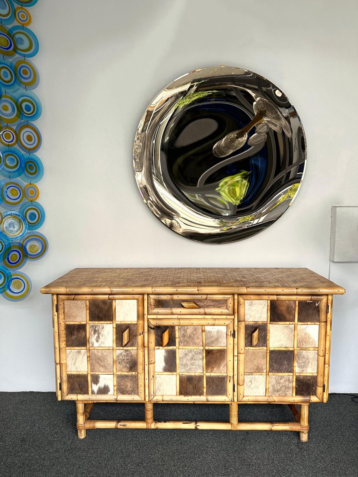 photo for sale Bamboo Wood And Cow Leather Buffet Dry Bar. Italy, 1970s