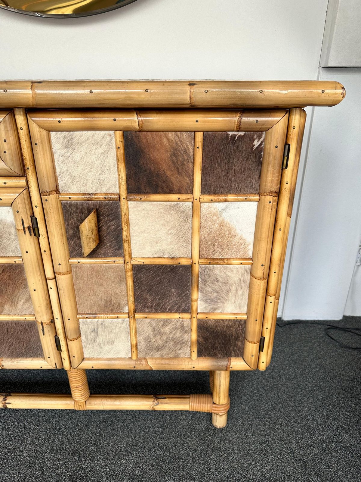 Furniture Bamboo Wood And Cow Leather Buffet Dry Bar. Italy, 1970s photo
