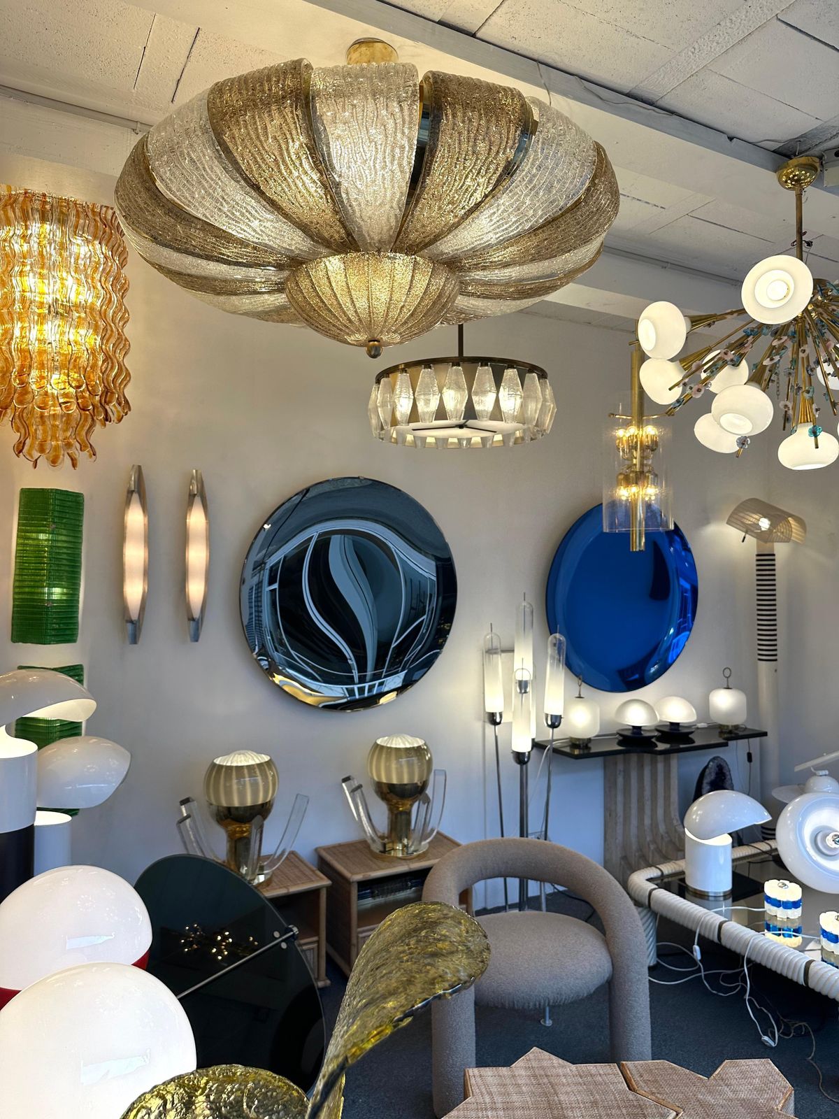 Large Contemporary Crown Chandelier Brass And Murano Glass , Italy photo furniture