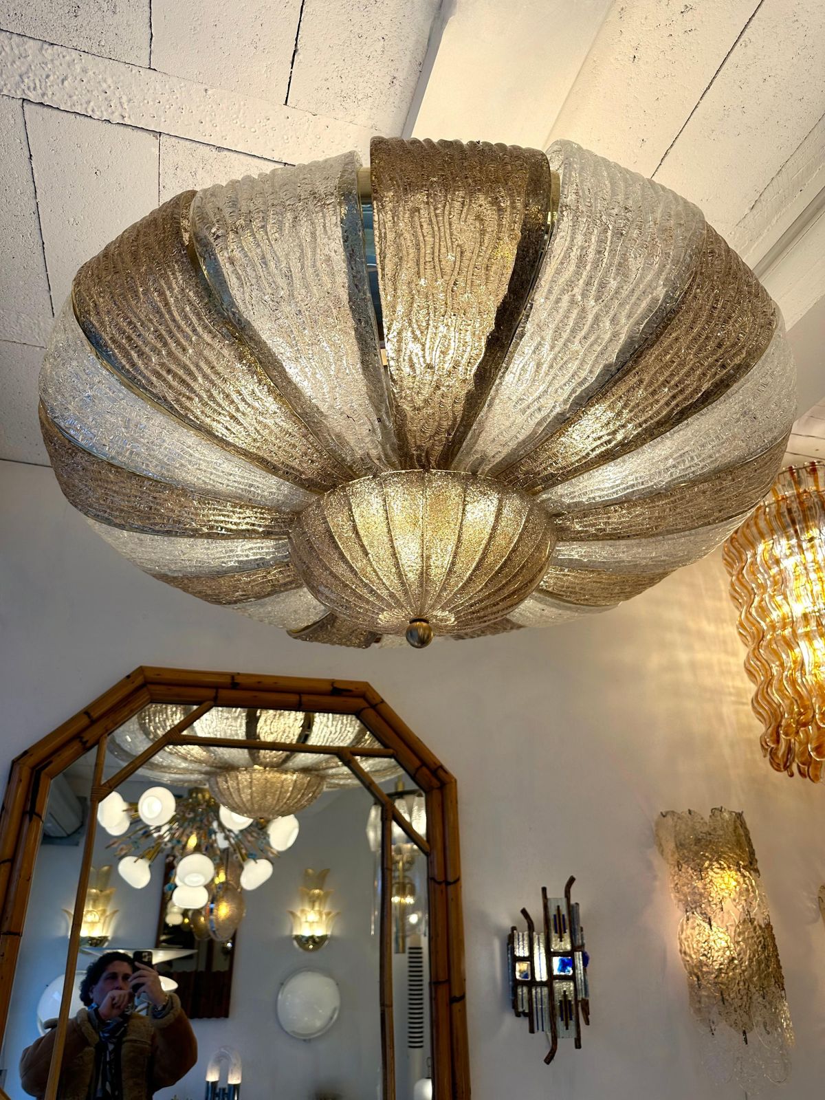 Large Contemporary Crown Chandelier Brass And Murano Glass , Italy photo Lighting
