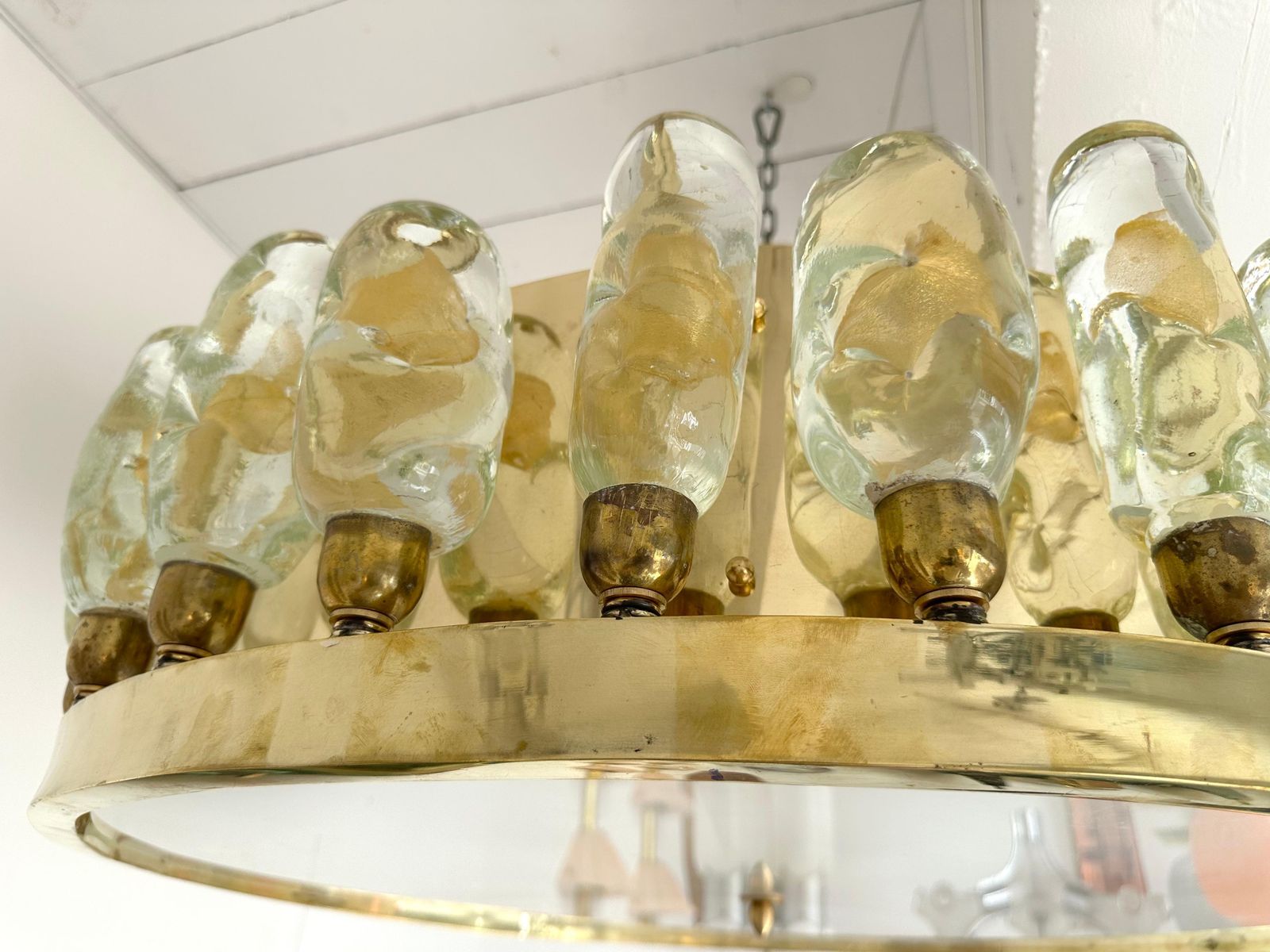 Contemporary Brass Chandelier And Murano Glass Gold Leaf Flame , Italy photo vinterior