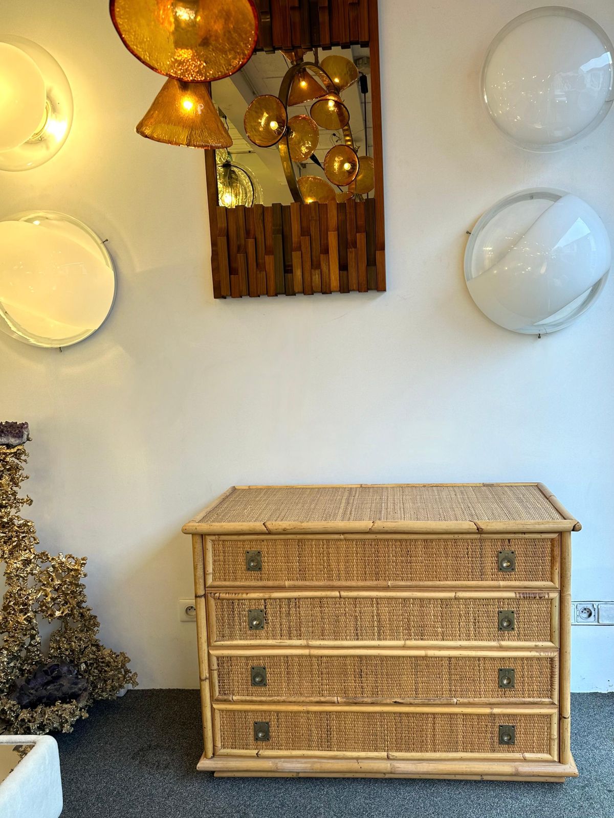 photo for sale Bamboo Rattan And Brass Chest Of Drawers By Dal Vera, Italy, 1970s