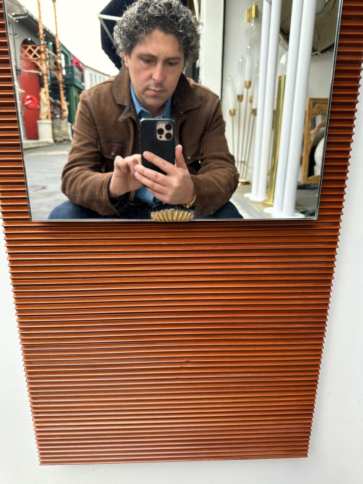 Mid Century Wood Stripe And Brass Mirror, Italy, 1950s photo vinterior