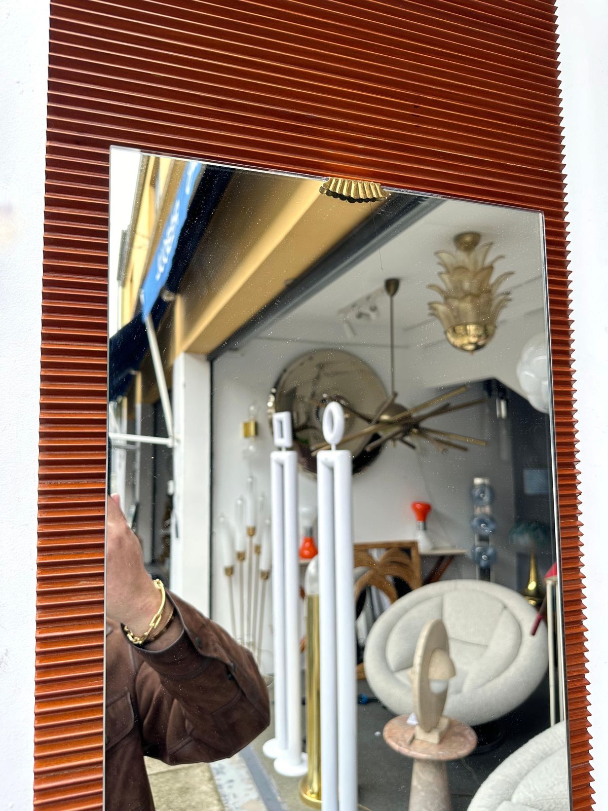Mid Century Wood Stripe And Brass Mirror, Italy, 1950s photo buy