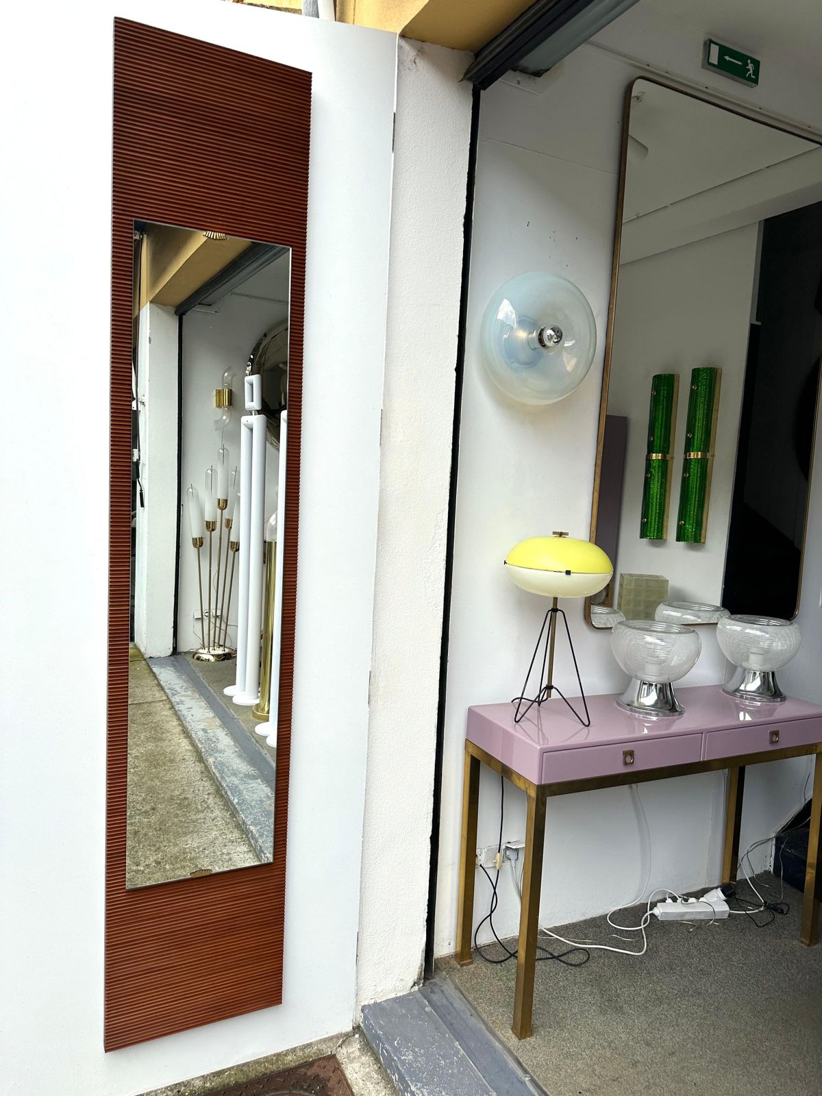 photo for sale Mid Century Wood Stripe And Brass Mirror, Italy, 1950s