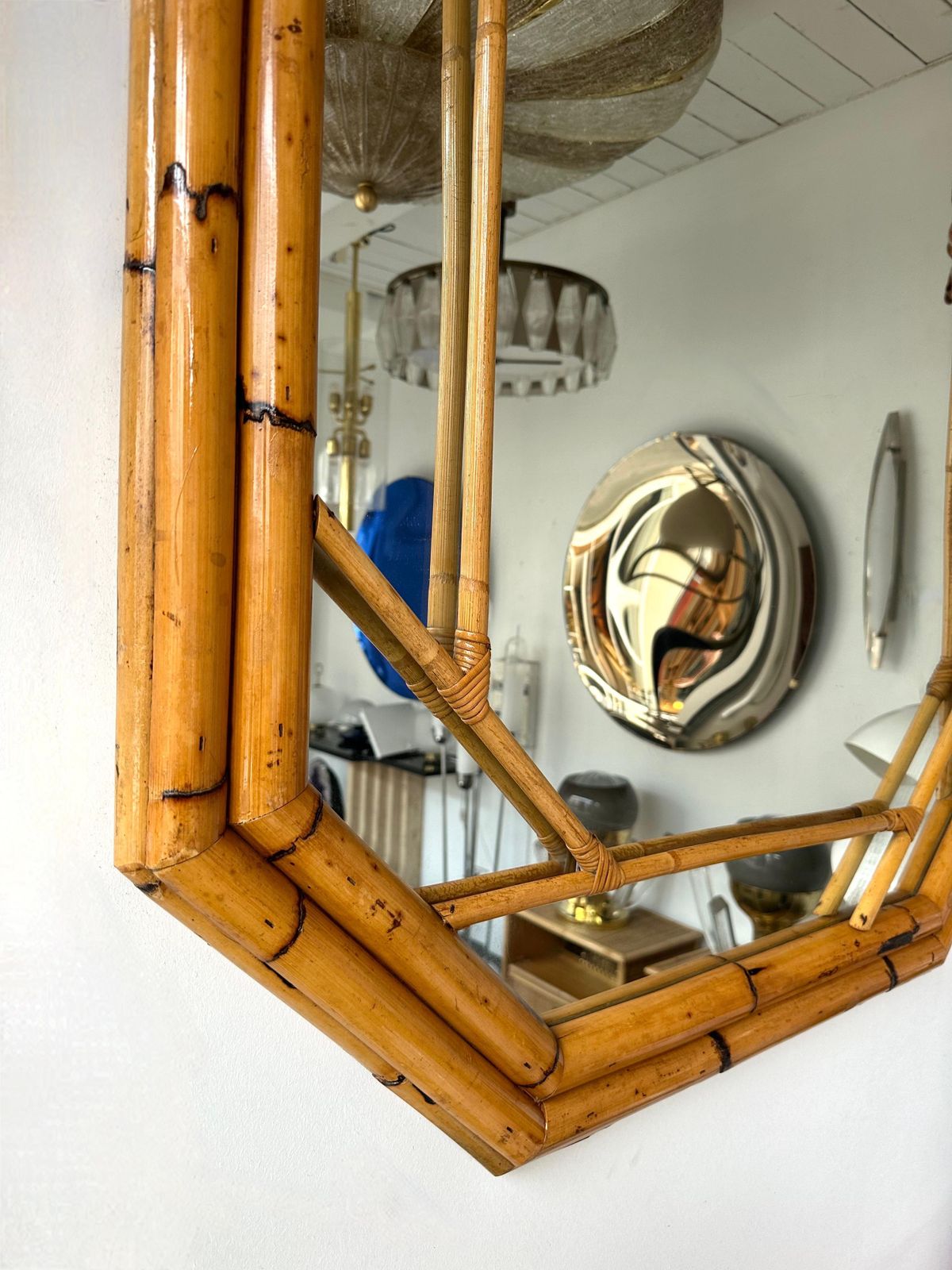photo furniture Bamboo Octogonal Beaded Mirror By Vivai Del Sud. Italy, 1970s