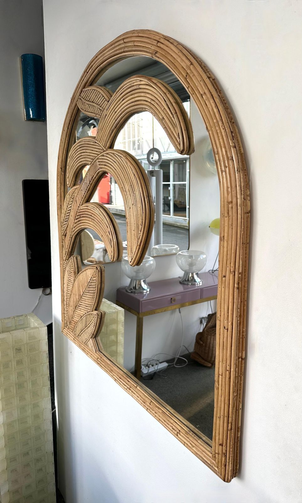 Home Decor Rattan Palm Tree Mirror By Vivai Del Sud. Italy, 1970s photo