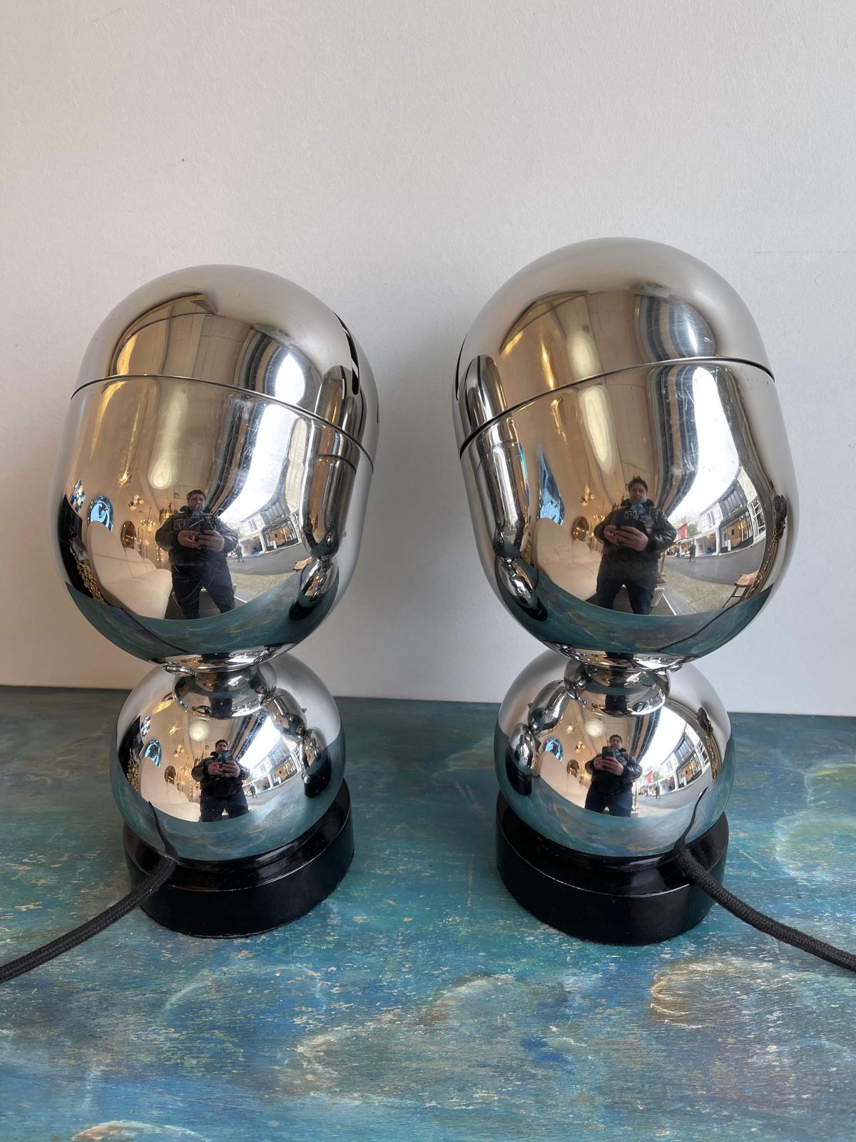 Pair Of Space Age Metal Chrome Lamps By Reggiani, Italy, 1970s photo vintage