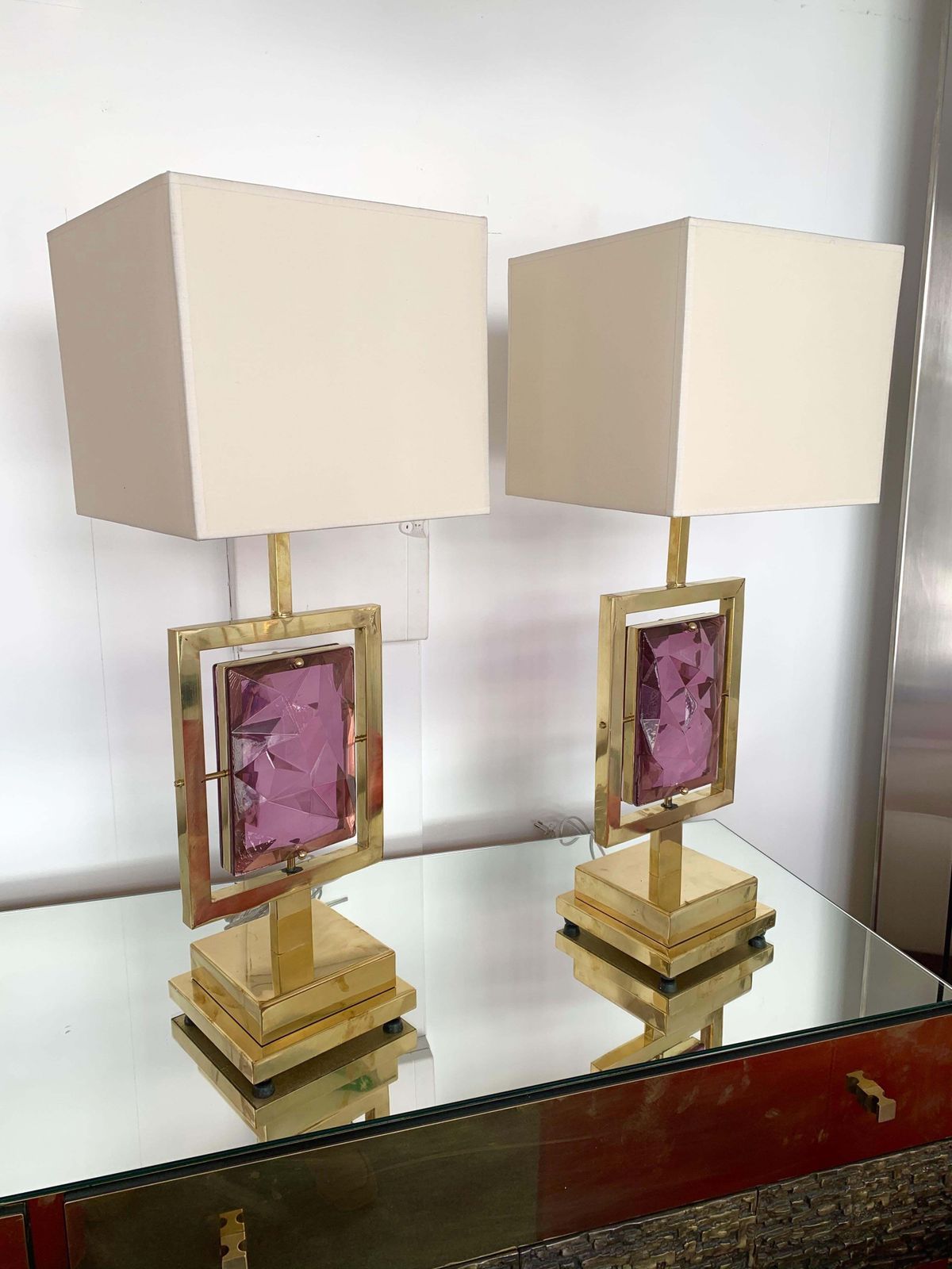 Contemporary Pair Of Brass Lamps Murano Glass, Italy photo vinterior