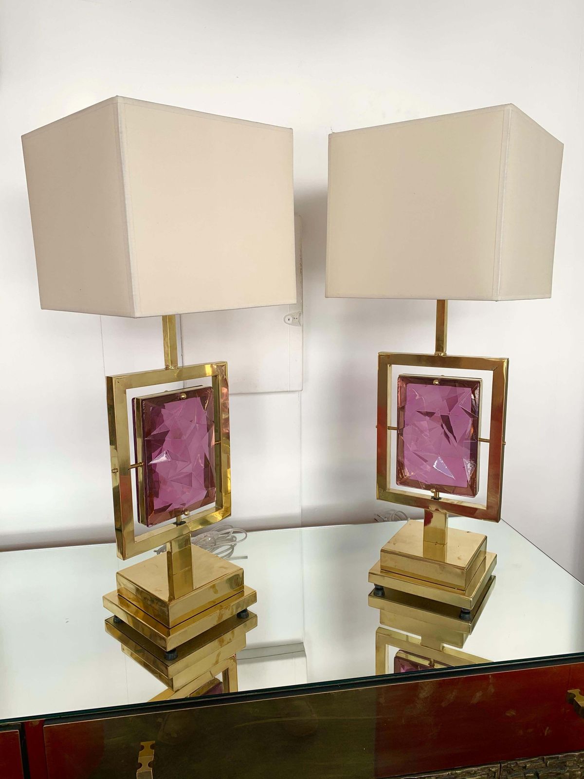 photo for sale Contemporary Pair Of Brass Lamps Murano Glass, Italy