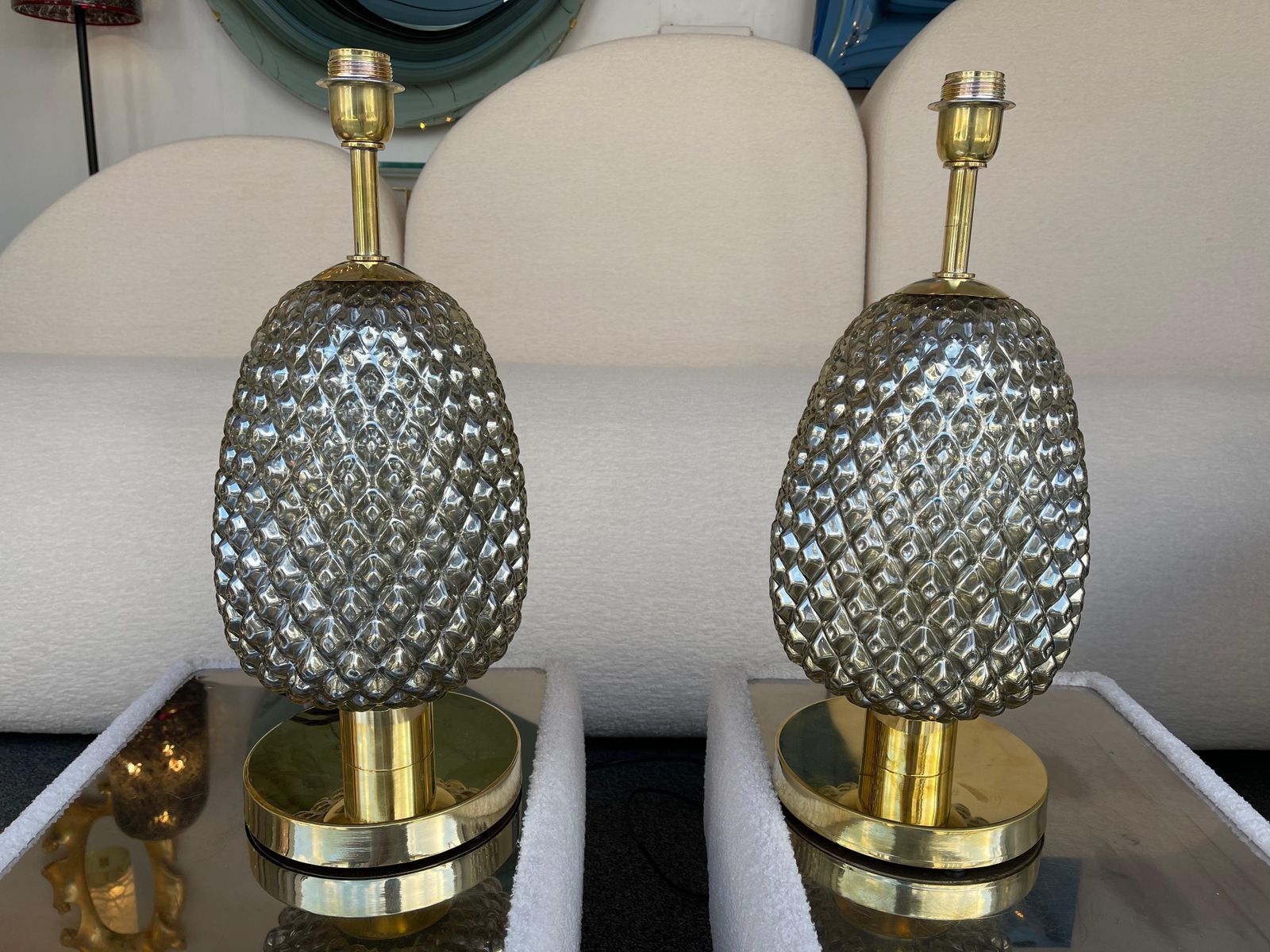 Lighting Contemporary Pair Of Silver Gold Pineapple Murano Glass And Brass Lamps, Italy photo