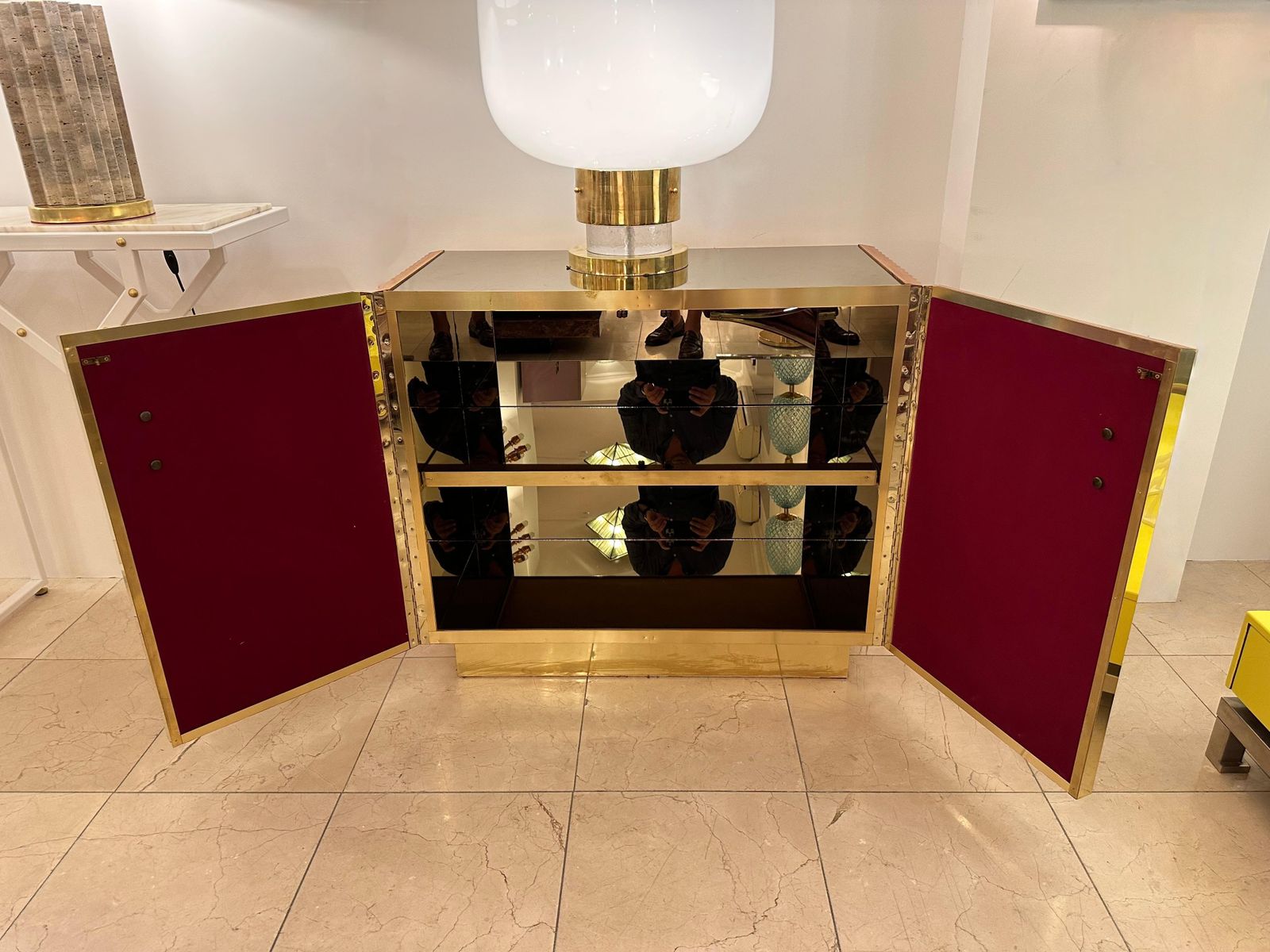 photo vinterior Contemporary Pair Of Wood Plissé Brass Mirror Buffets Cabinets, Italy