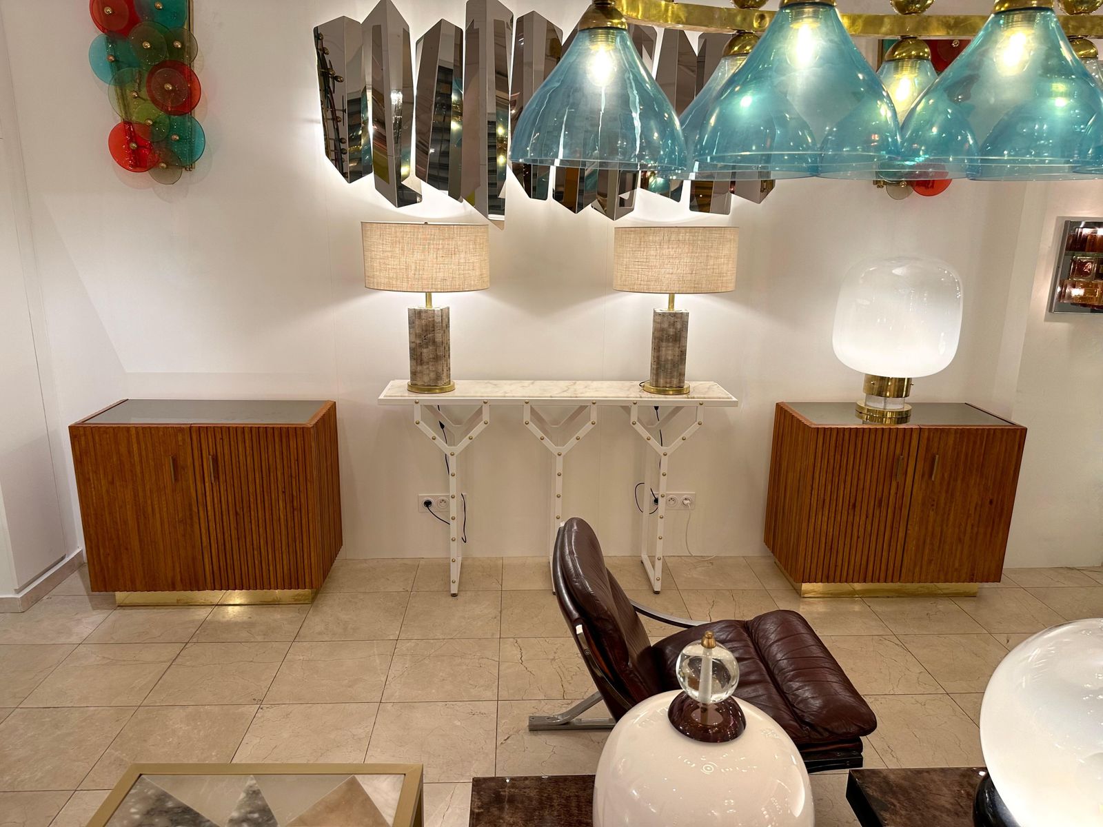 photo buy Contemporary Pair Of Wood Plissé Brass Mirror Buffets Cabinets, Italy