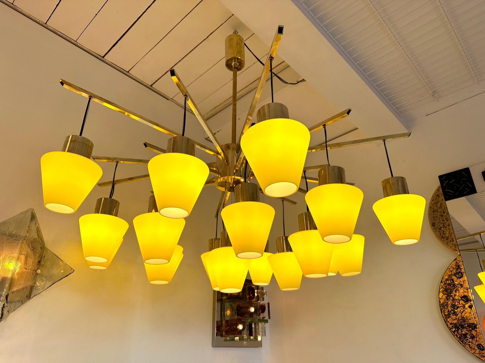 Large Contemporary Brass Chandelier Yellow Murano Glass Cup, Italy photo for sale