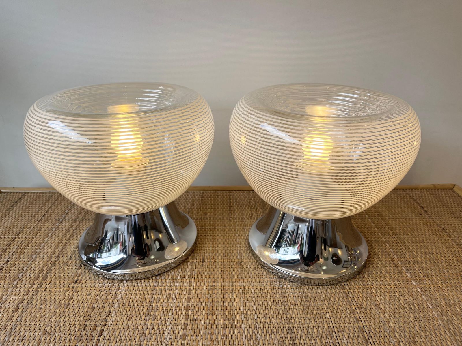 Pair Of Stripe Murano Glass And Metal Chrome Lamps By Veart, Italy, 1970s photo vinterior