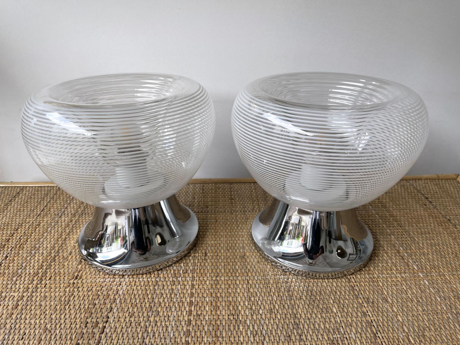 Pair Of Stripe Murano Glass And Metal Chrome Lamps By Veart, Italy, 1970s photo vintage
