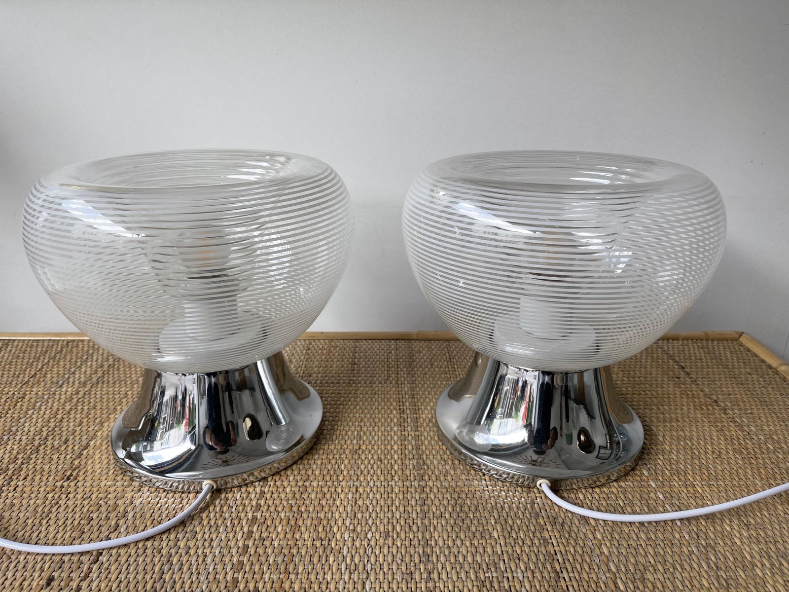 photo buy Pair Of Stripe Murano Glass And Metal Chrome Lamps By Veart, Italy, 1970s
