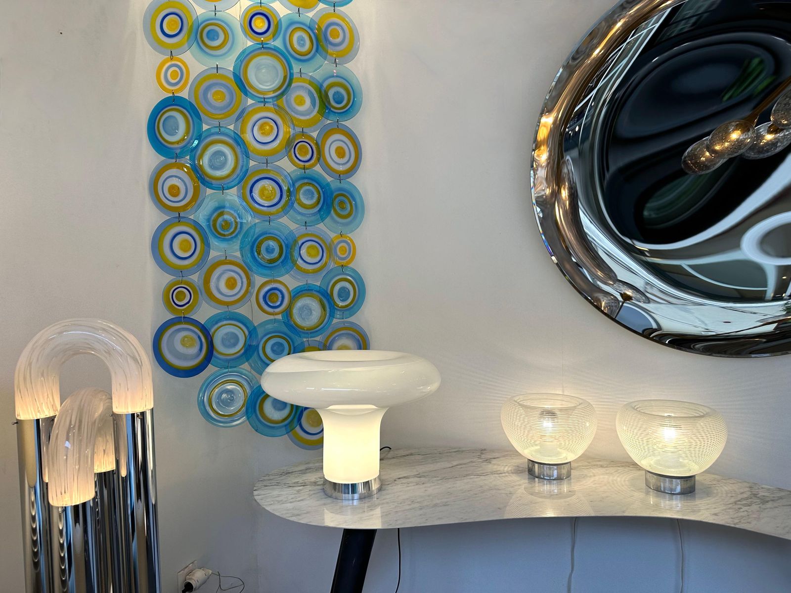 Pair Of Stripe Murano Glass And Metal Chrome Lamps By Veart, Italy, 1970s photo for sale