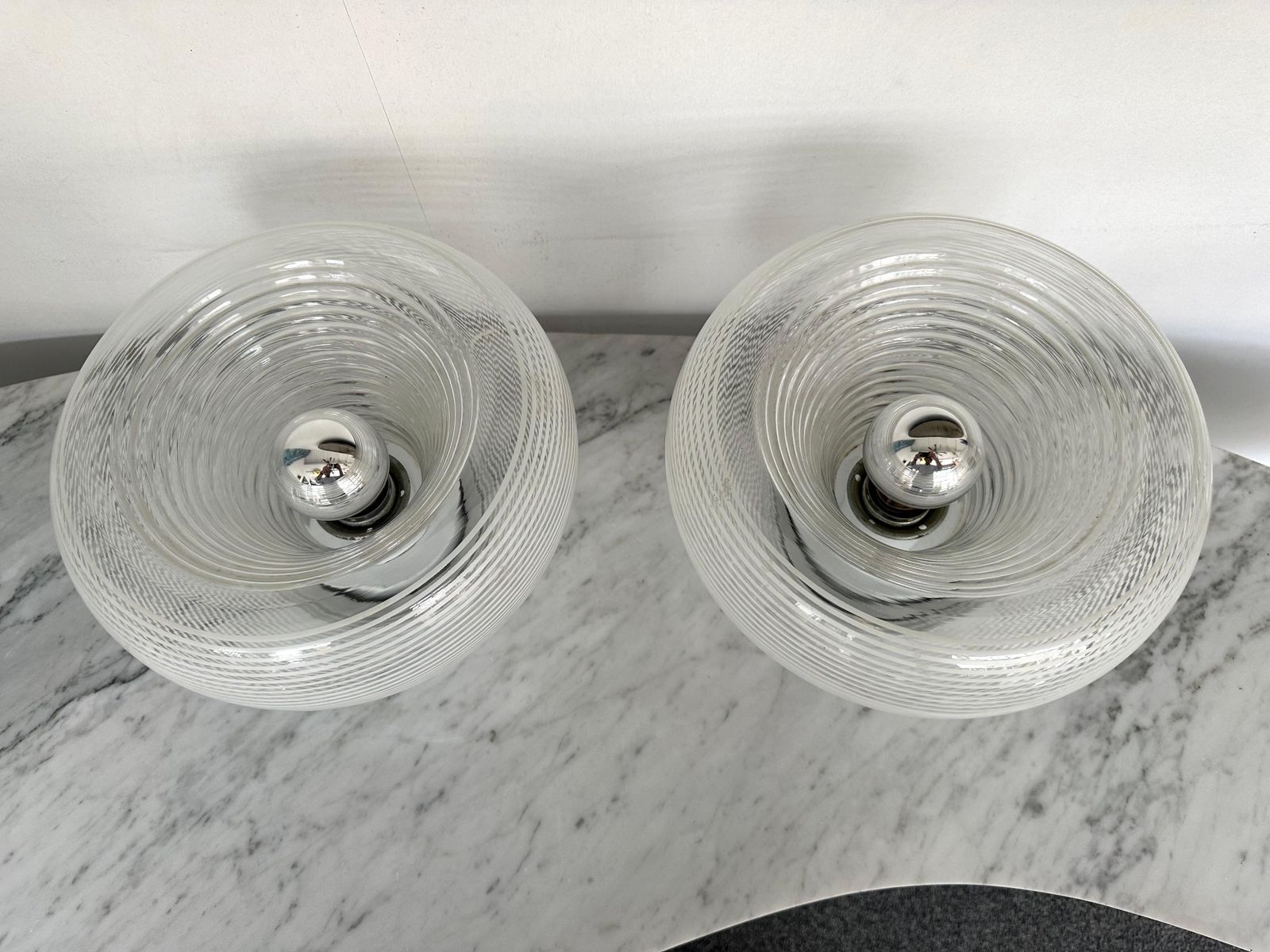 Lighting Pair Of Stripe Murano Glass And Metal Chrome Lamps By Veart, Italy, 1970s photo