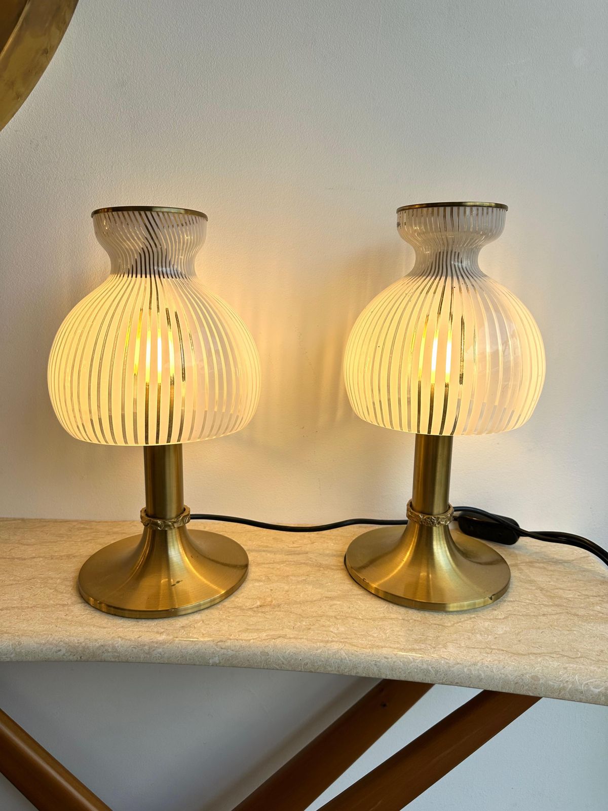 Pair Of Lamps Brass And Murano Glass By Angelo Brotto For Esperia. Italy, 1970s photo Lighting