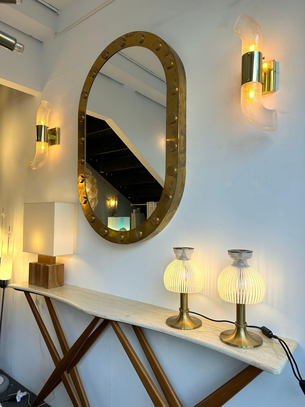 Pair Of Lamps Brass And Murano Glass By Angelo Brotto For Esperia. Italy, 1970s photo vintage